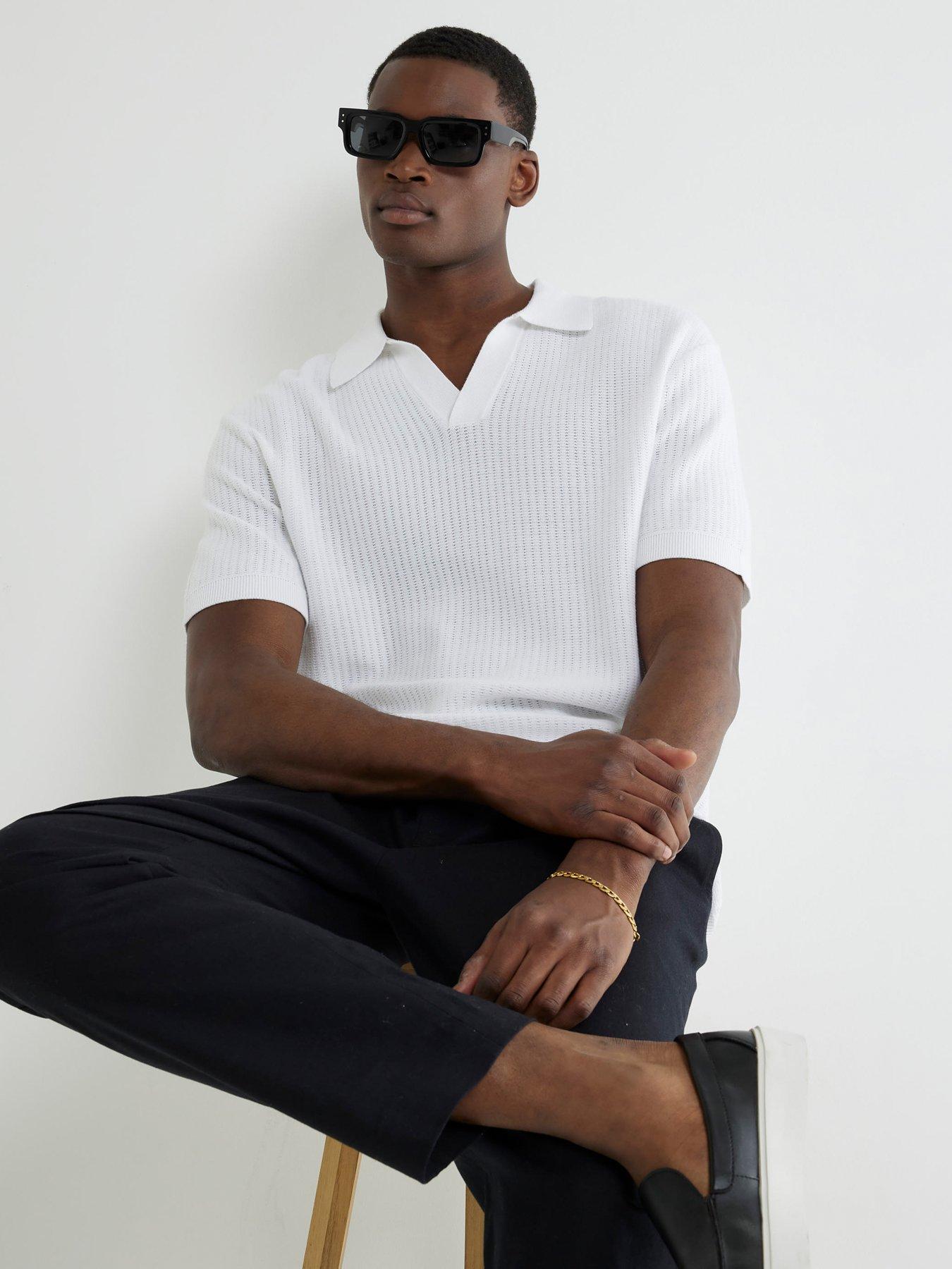 Bestel Short Sleeve Wavy Stitch Open Neck Polo White