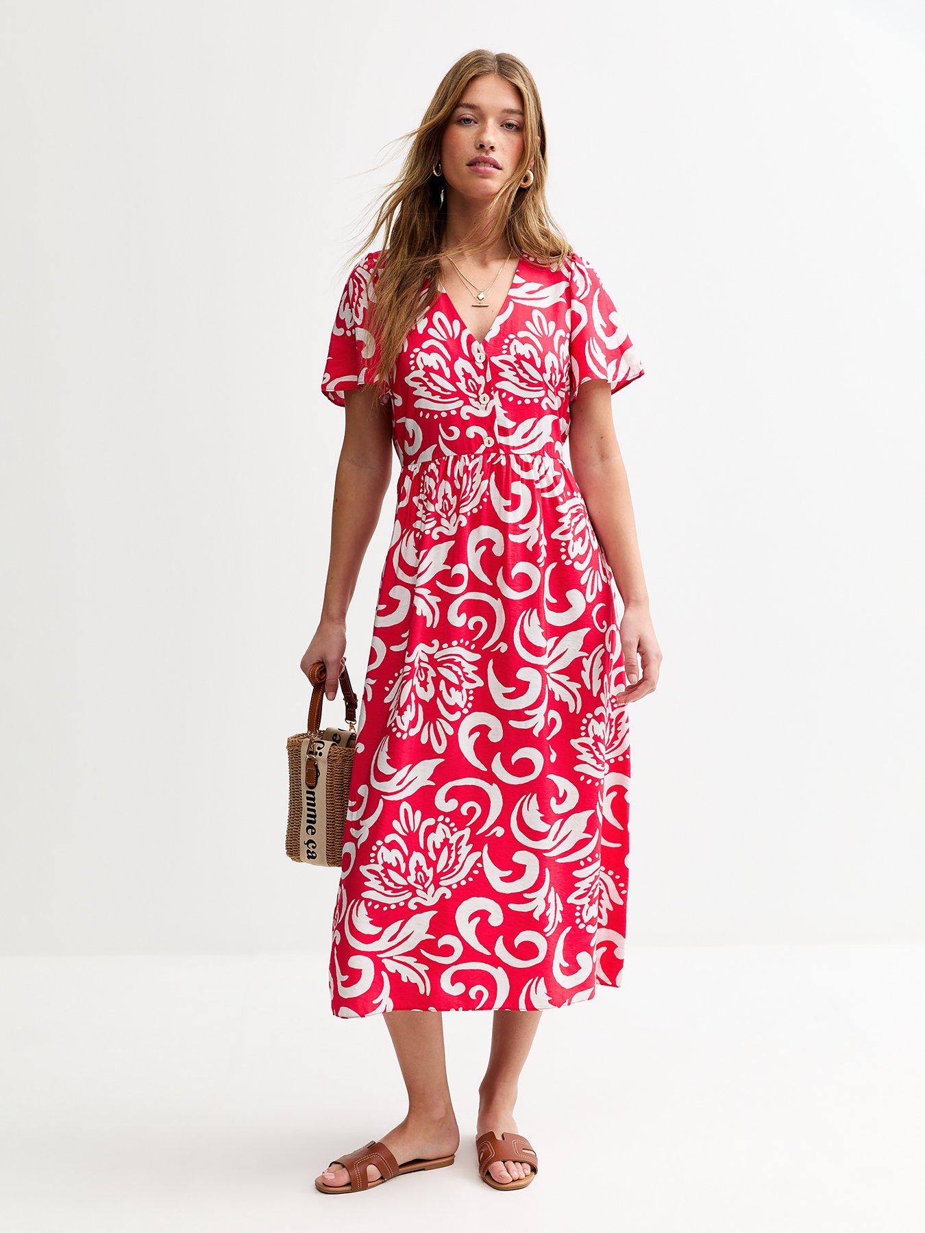 Image 1 of 4 of New Look Pattern Print Buttoned Midi Dress - Red