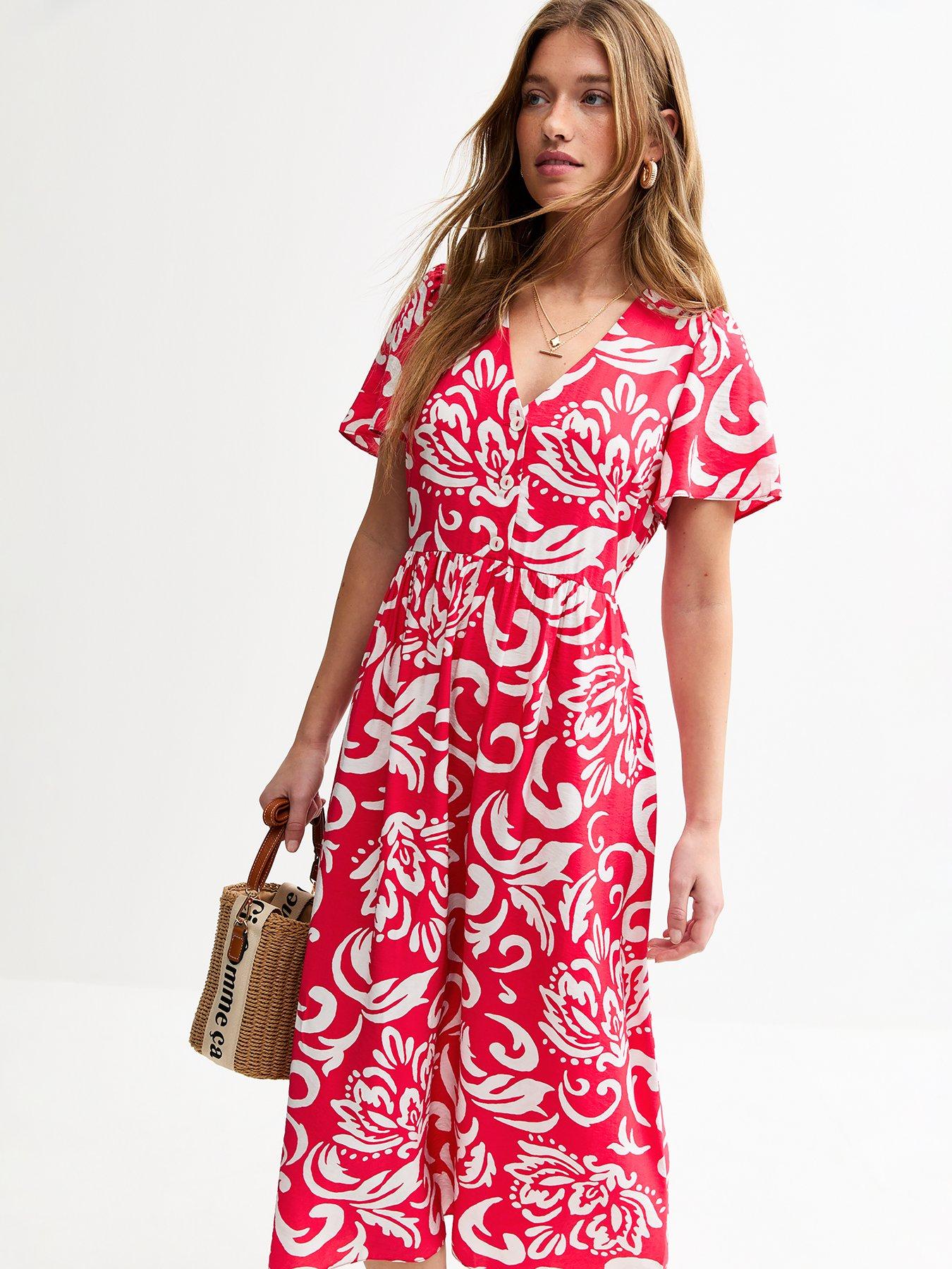 Image 3 of 4 of New Look Pattern Print Buttoned Midi Dress - Red