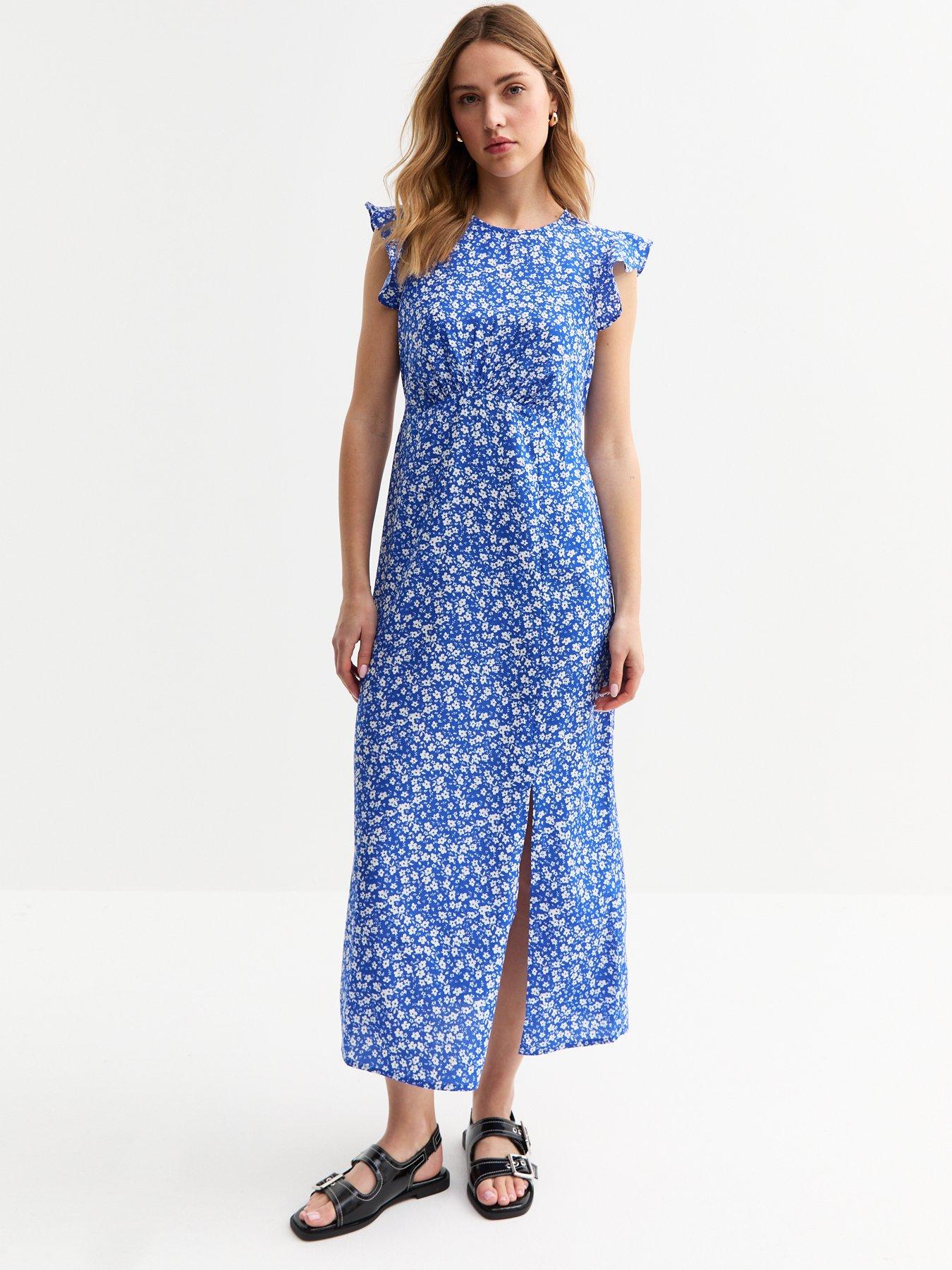 undefined Blue Floral Print Slit Hem Midi Dress