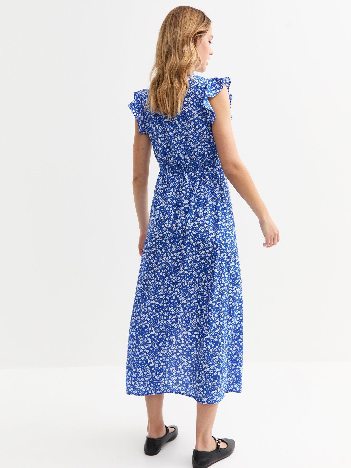 Image 2 of 5 of New Look Blue Floral Print Slit Hem Midi Dress