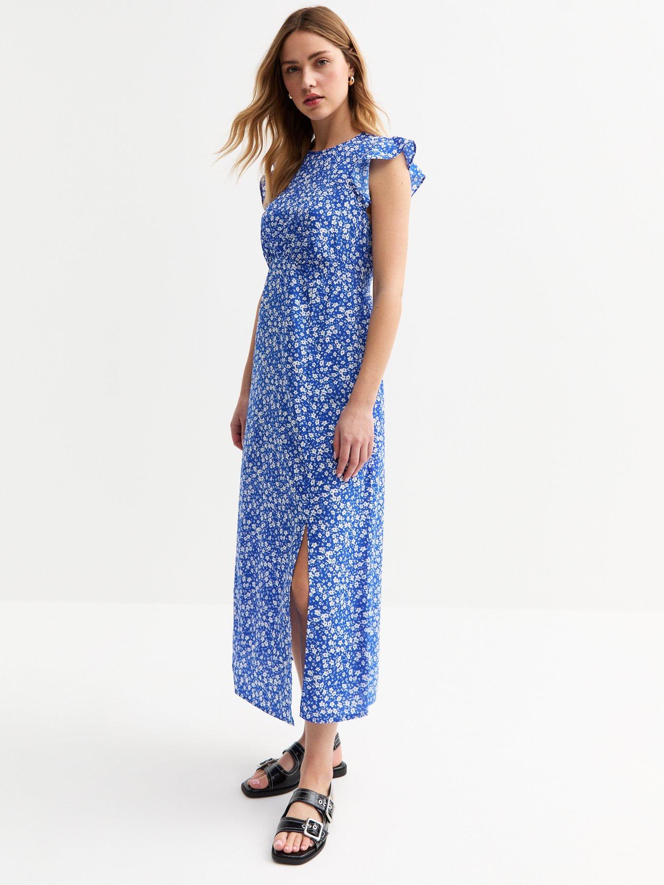 Image 3 of 5 of New Look Blue Floral Print Slit Hem Midi Dress
