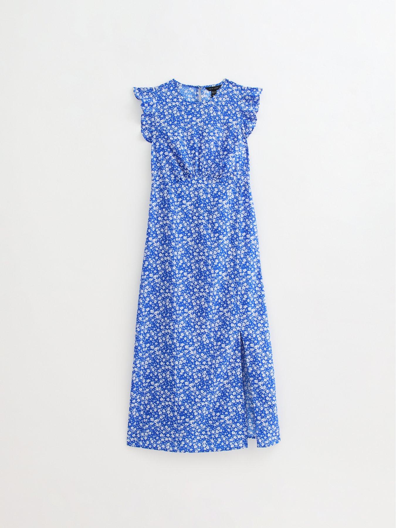 Image 5 of 5 of New Look Blue Floral Print Slit Hem Midi Dress