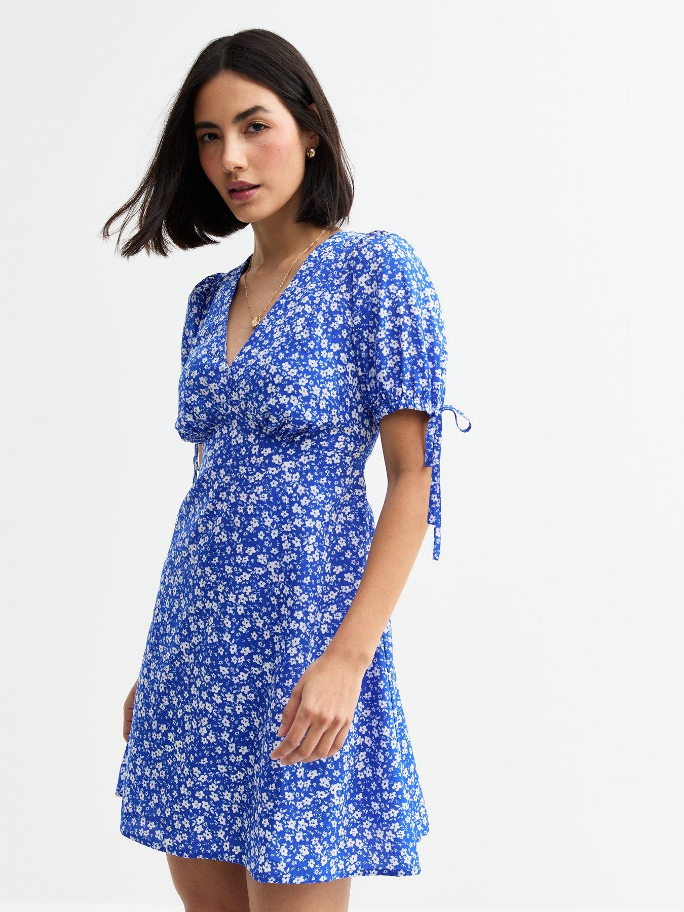 undefined Blue Daisy Print Tie Sleeve Mini Dress