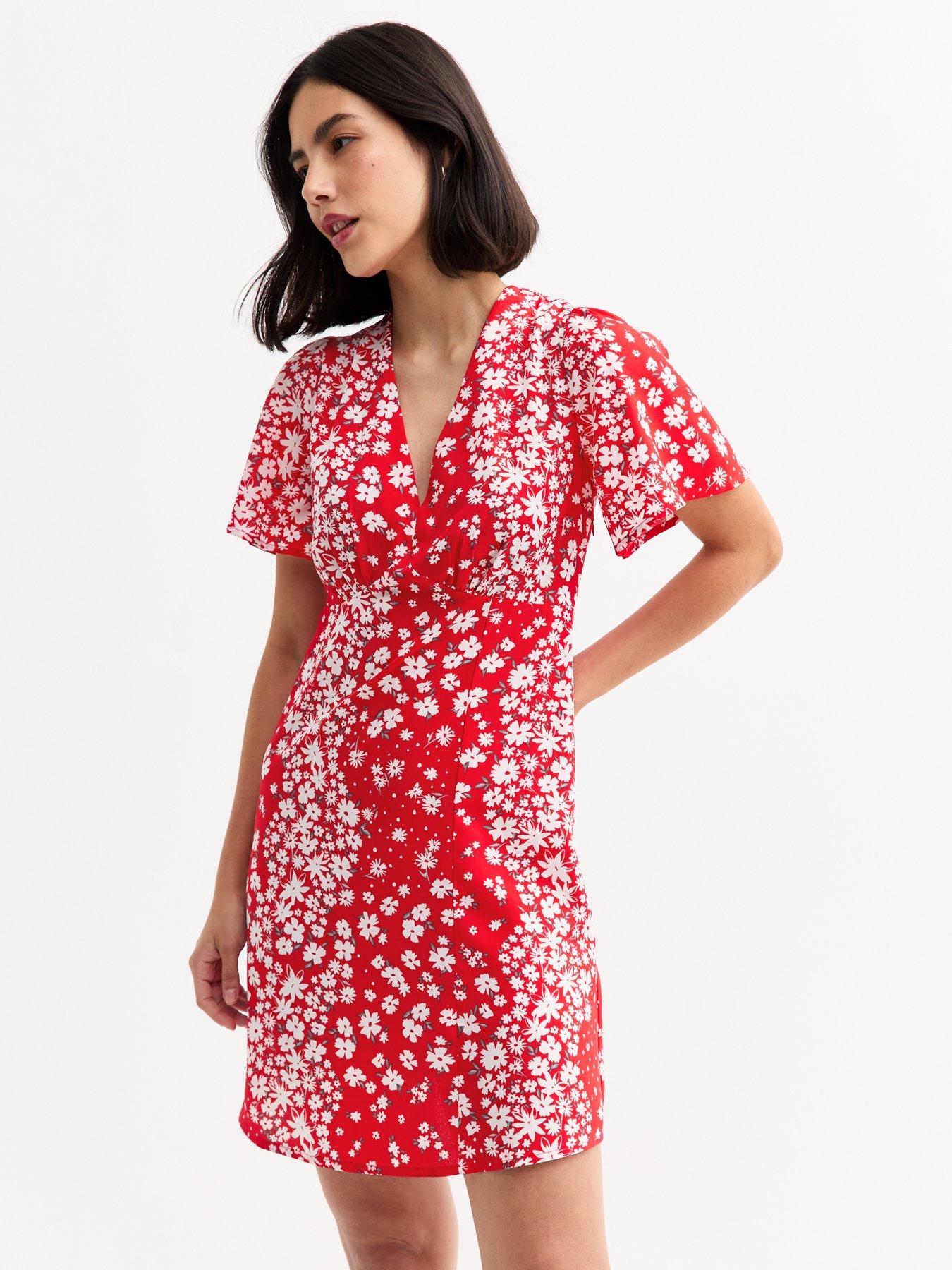 Image 1 of 4 of New Look Red Floral Print Flutter Sleeve Mini Dress