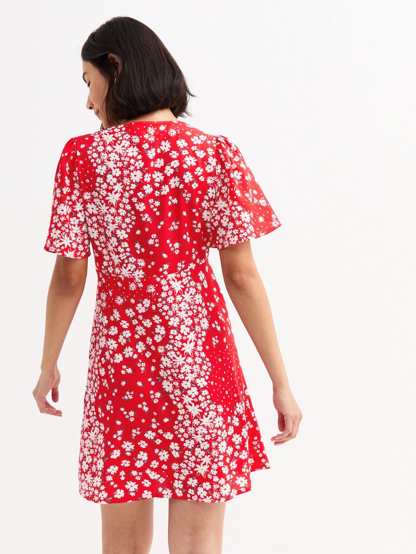 Image 2 of 4 of New Look Red Floral Print Flutter Sleeve Mini Dress