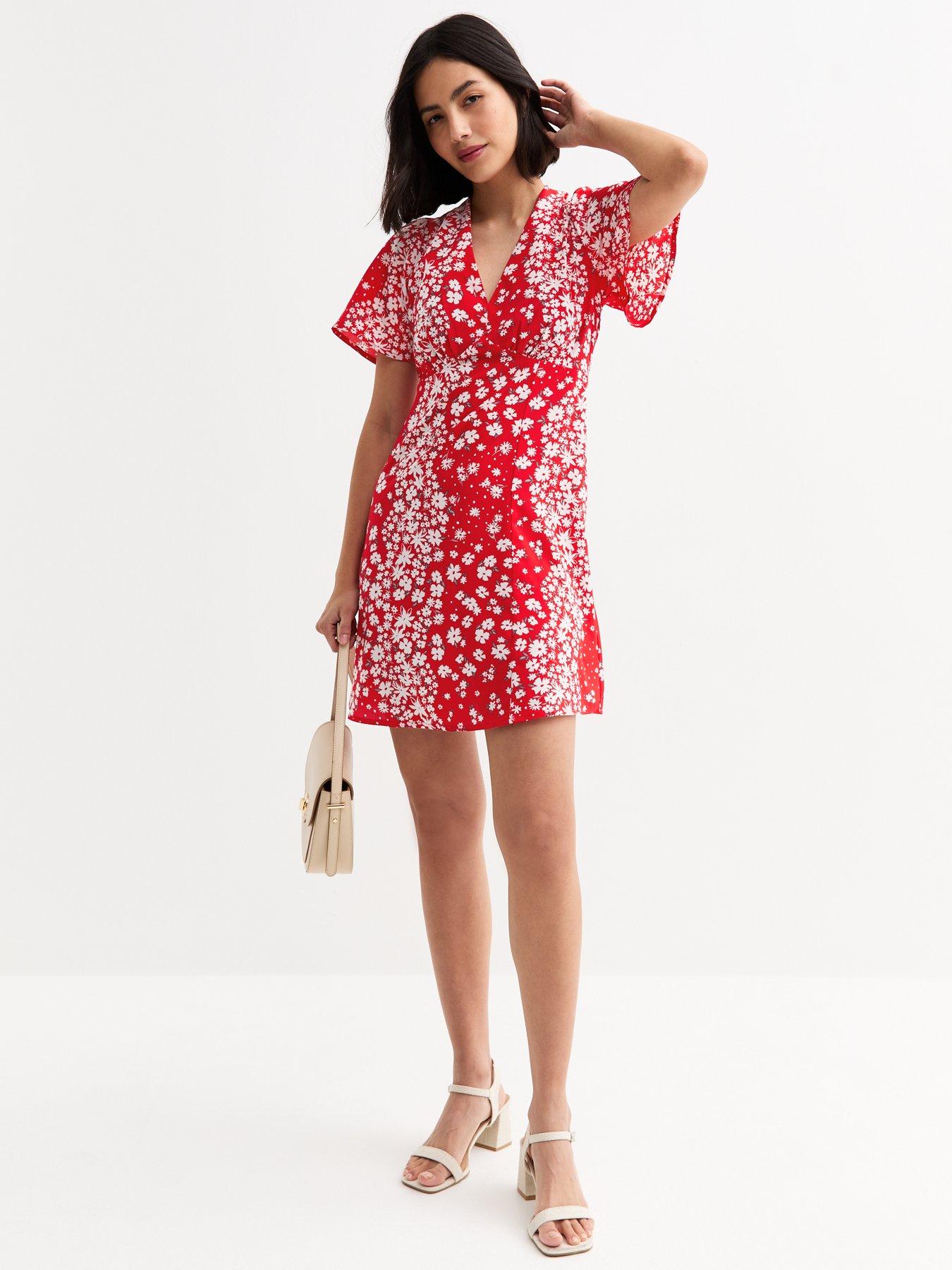 Image 3 of 4 of New Look Red Floral Print Flutter Sleeve Mini Dress