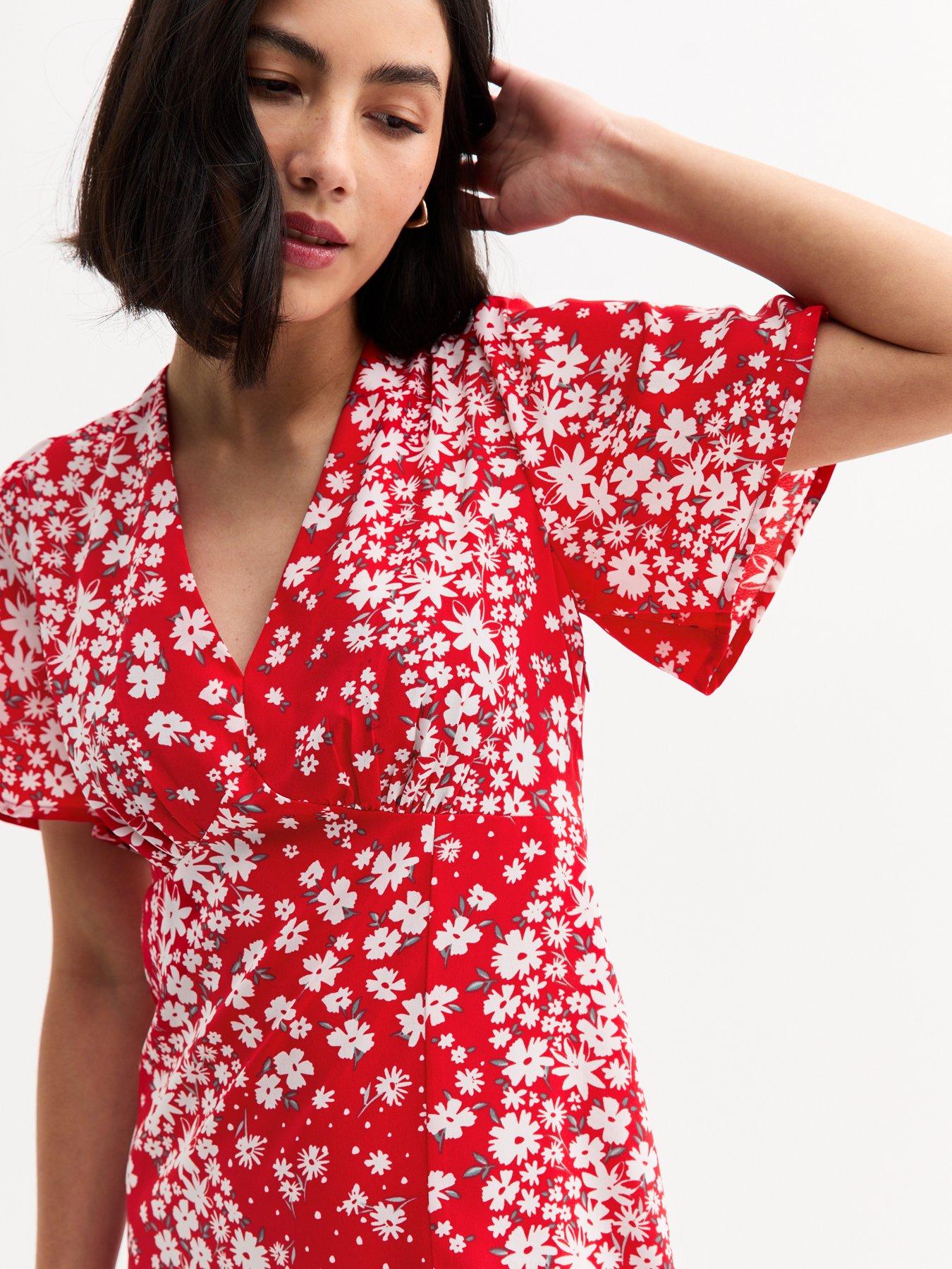 Image 4 of 4 of New Look Red Floral Print Flutter Sleeve Mini Dress