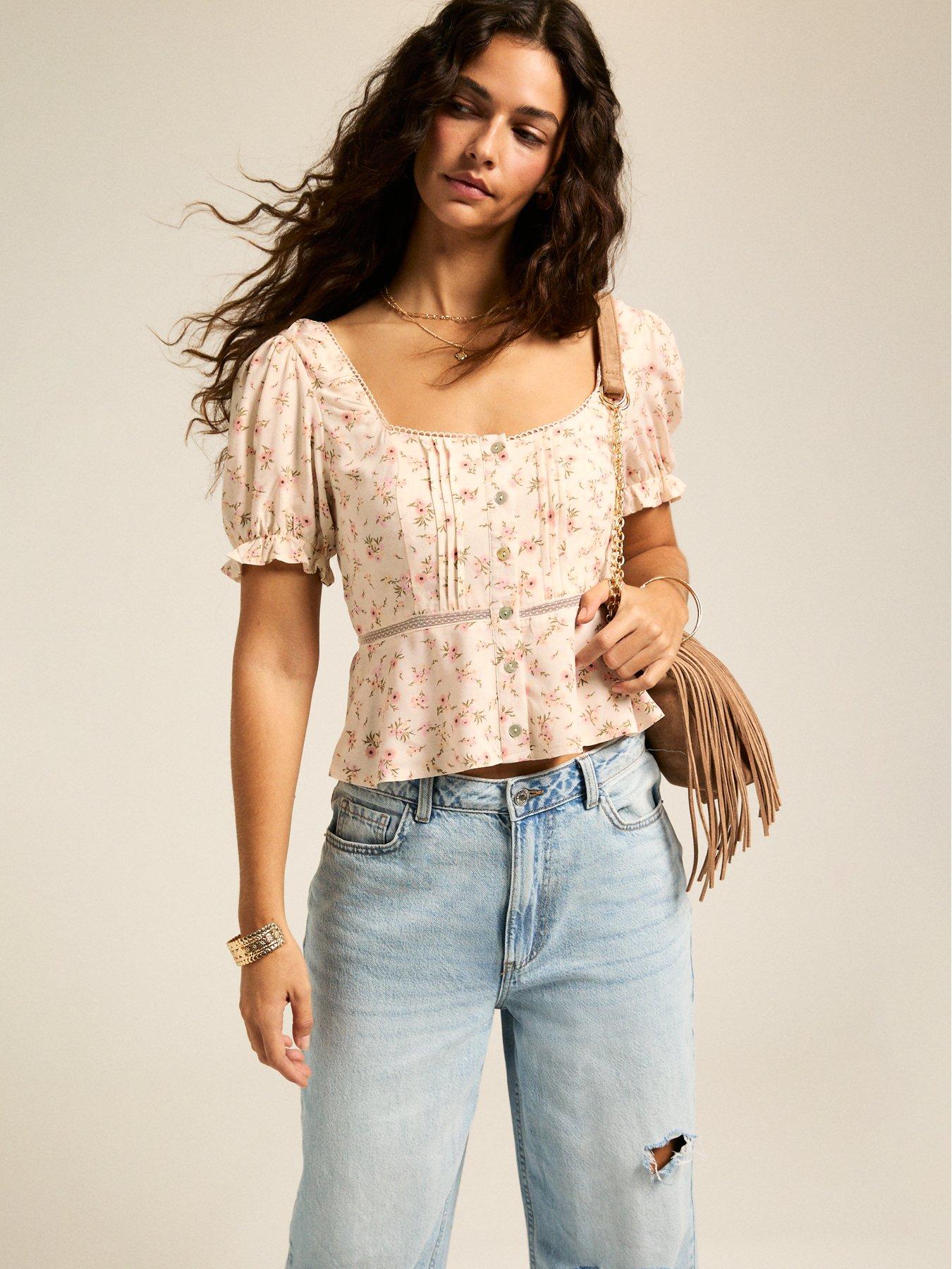 undefined Cream Pattern Lace Trim Milkmaid Top