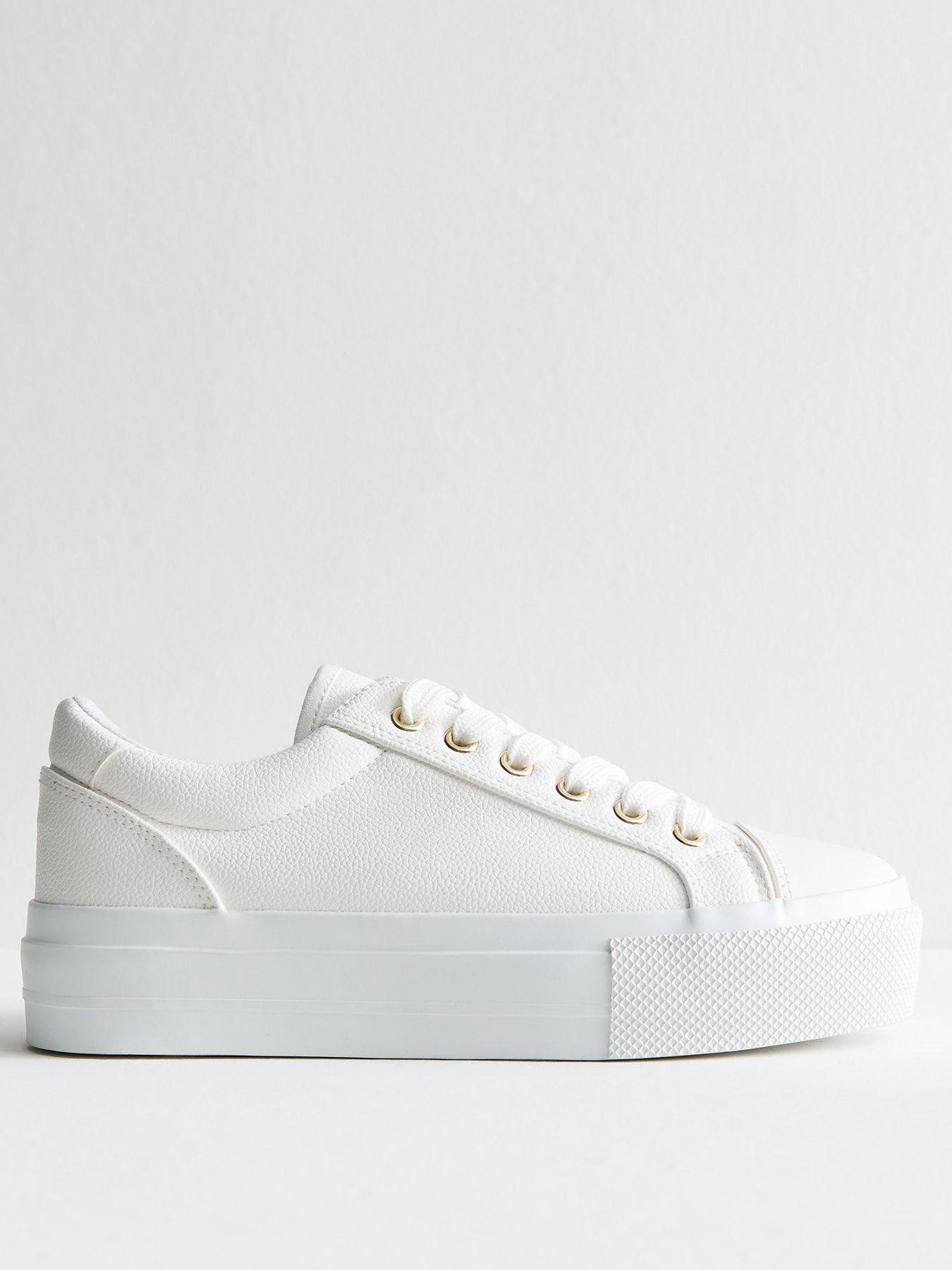 Image 1 of 6 of New Look White Platform Sole Pebbled Faux Leather Trainers