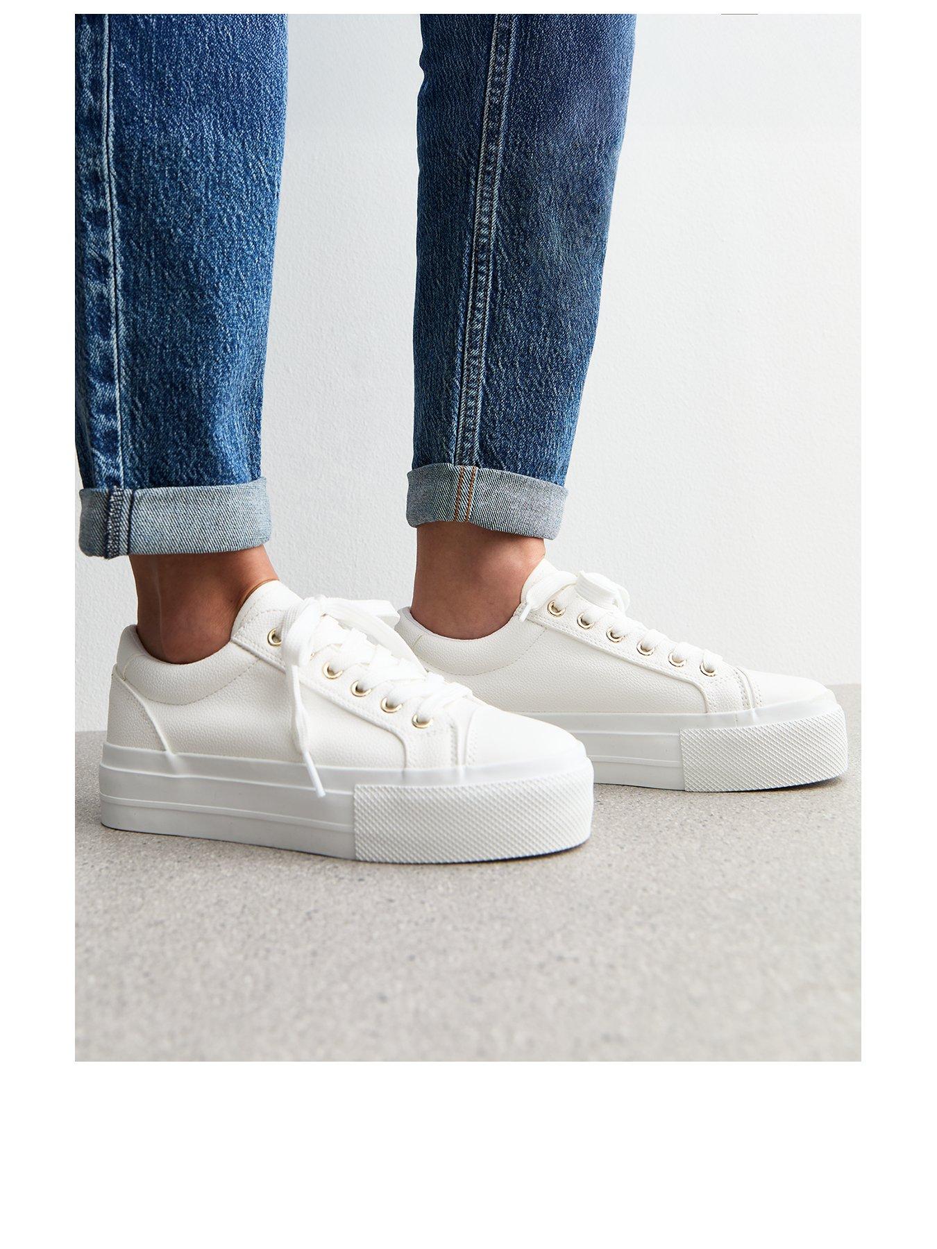 Image 2 of 6 of New Look White Platform Sole Pebbled Faux Leather Trainers