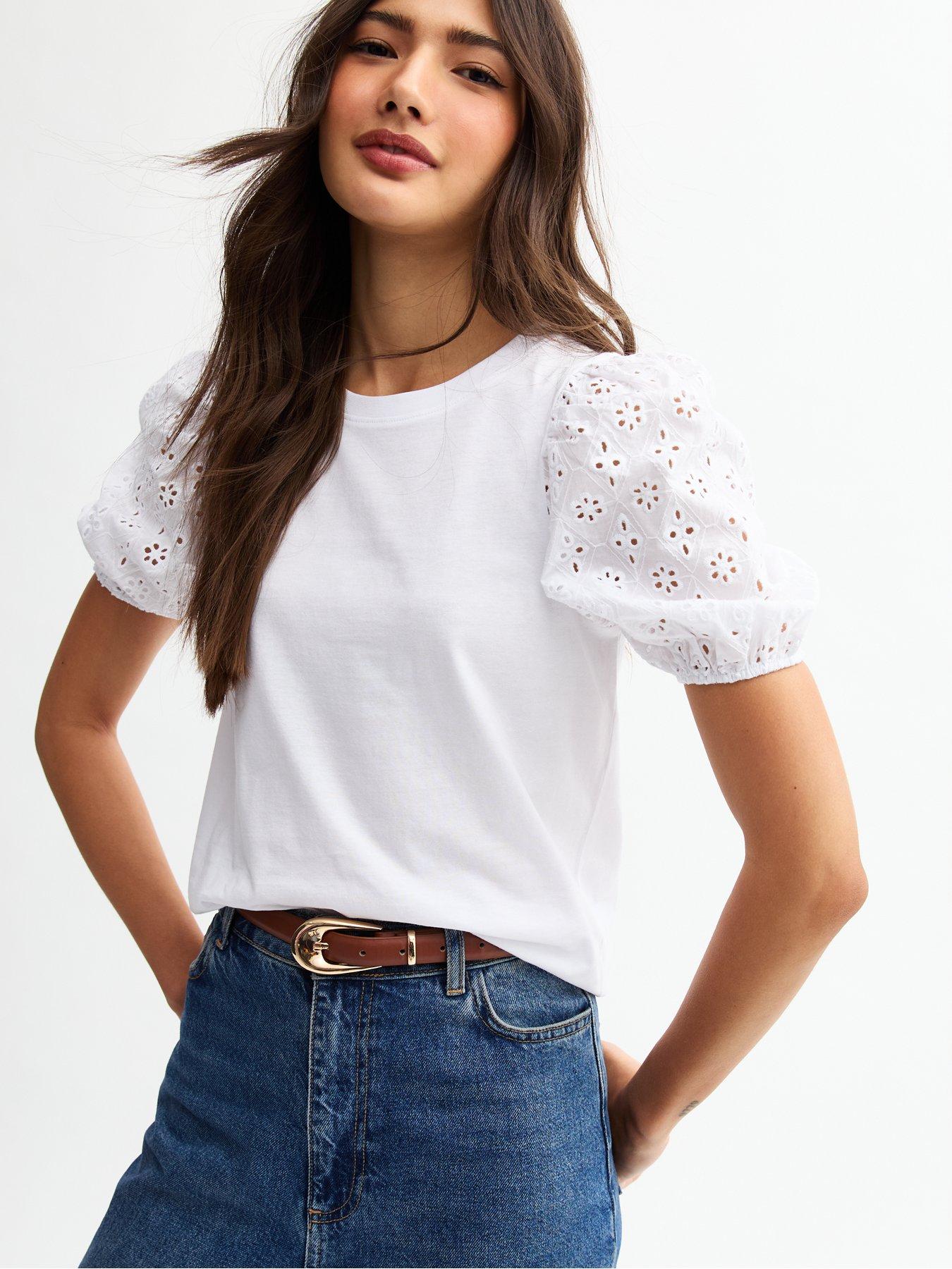 undefined White Broderie Anglaise Sleeve Jersey Top