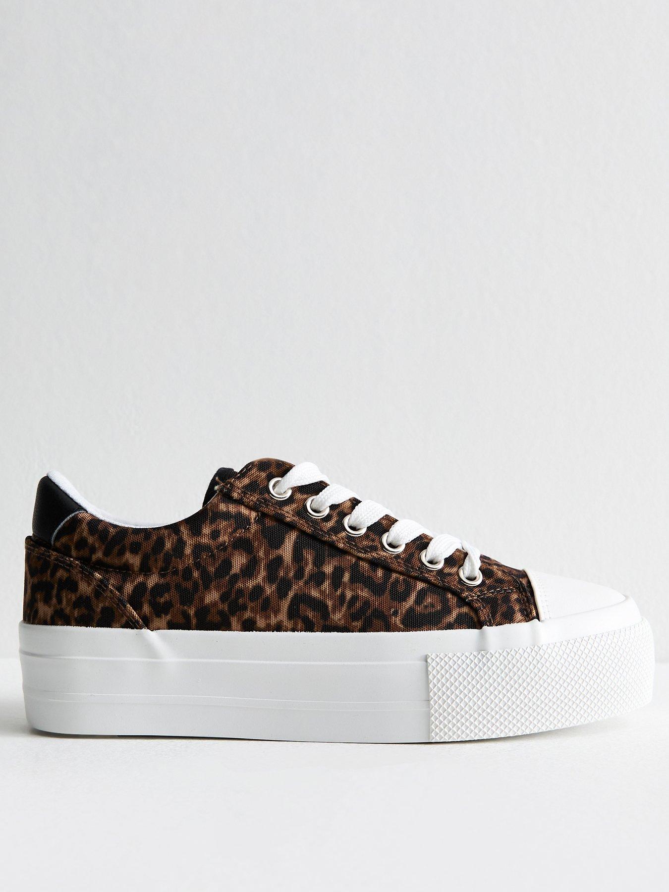 undefined Brown Leopard Print Lace Up Canvas Trainers - Beige