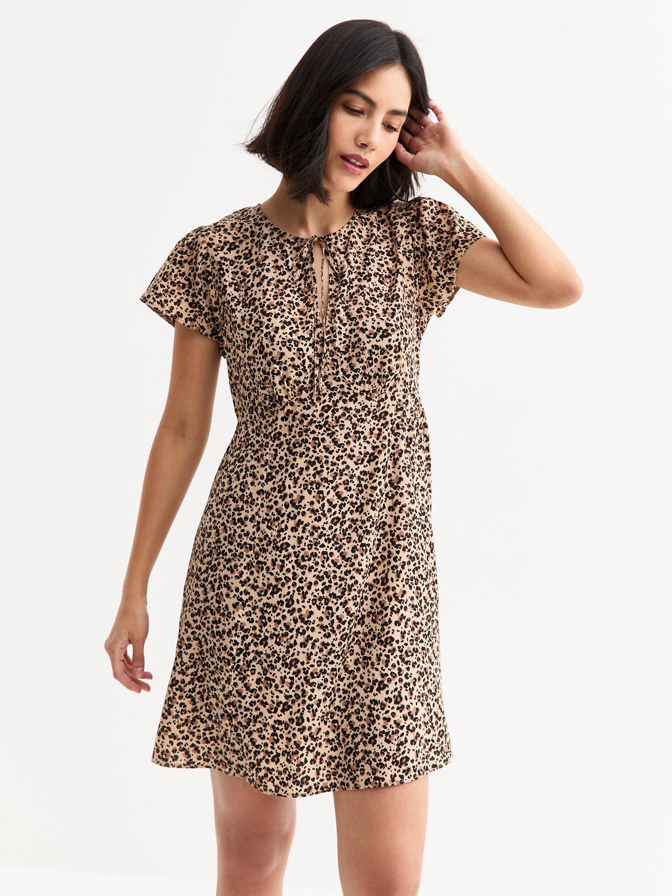 undefined Brown Leopard Print Tie Neck Mini Dress