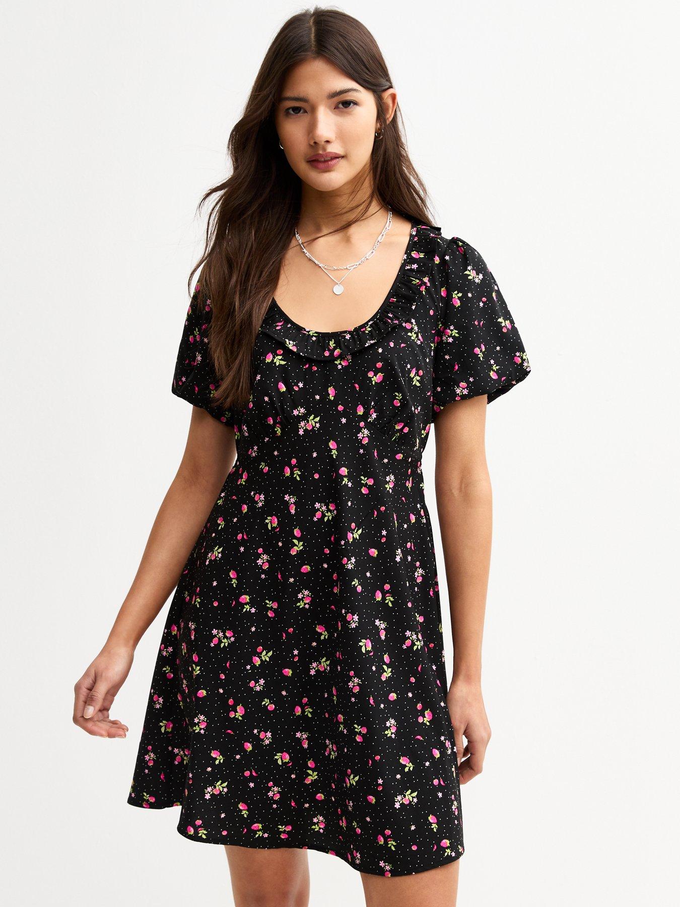 undefined Black Crepe Floral Berry Dot Print Frill Neck Mini Dress