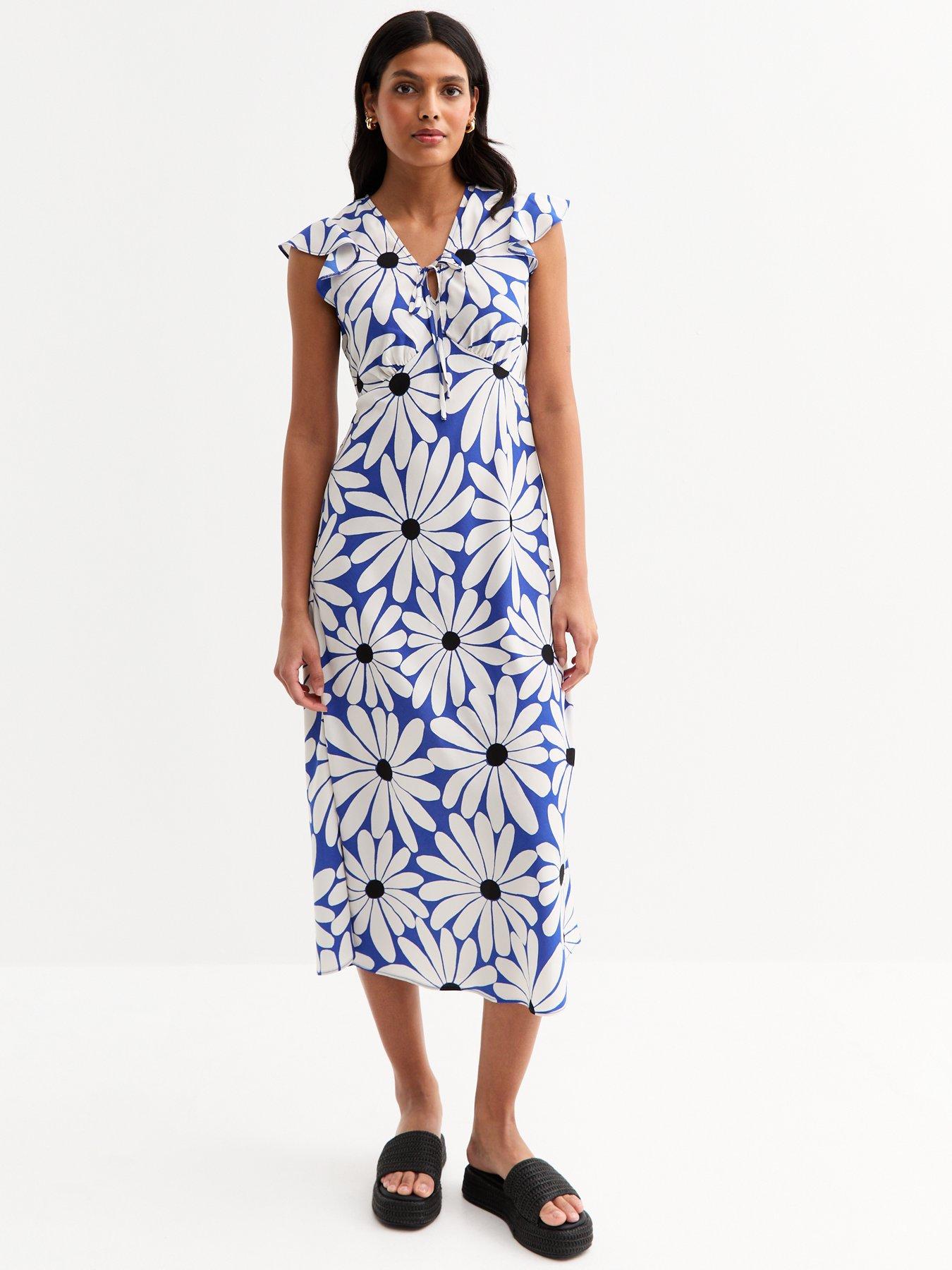 undefined Blue Floral Print V-neck Midi Dress