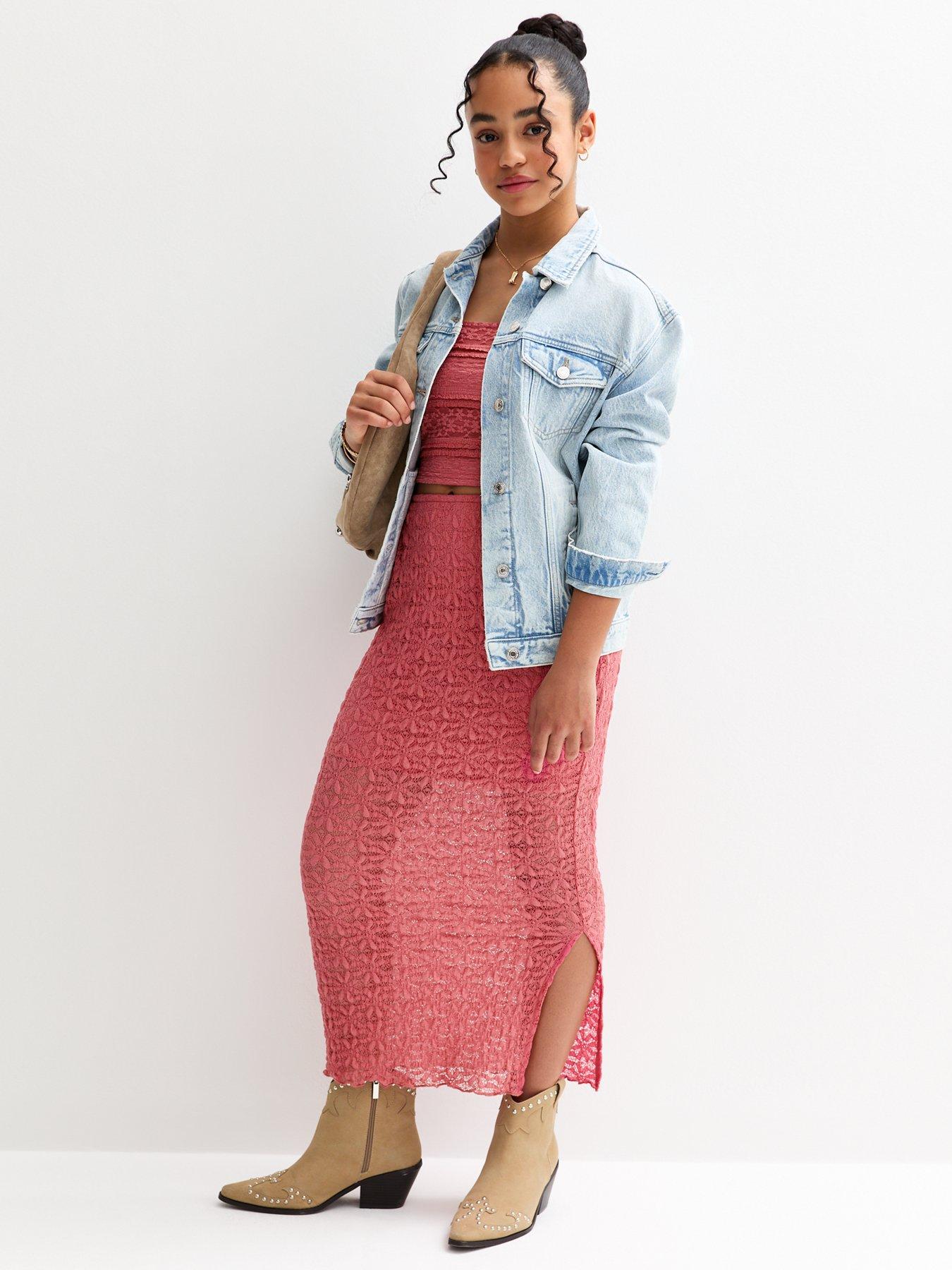undefined Girls Lace Midi Skirt - Dark Pink