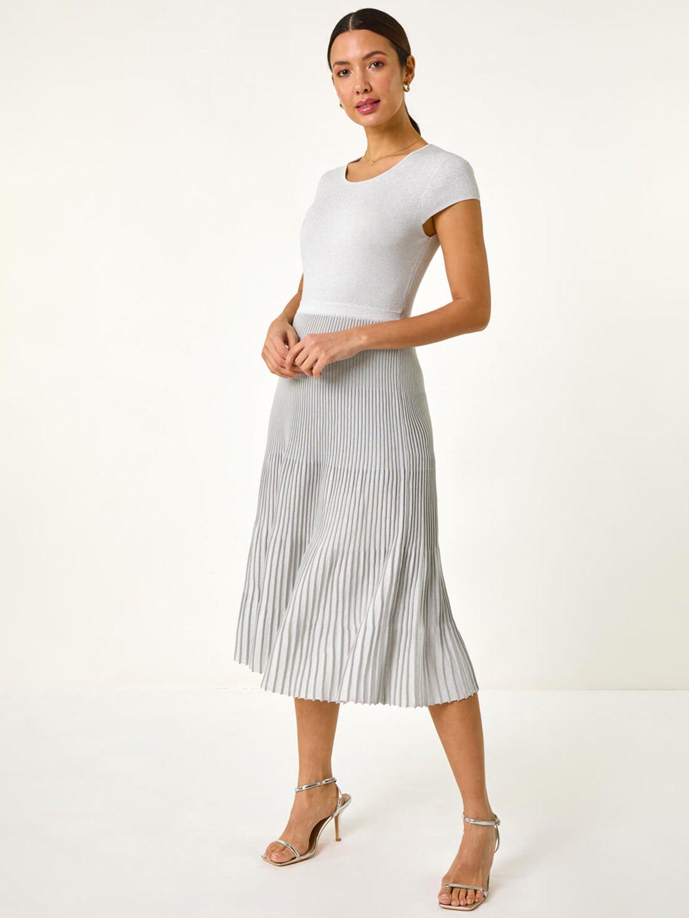Roman Shimmer Knit Pleated Dress - Grey