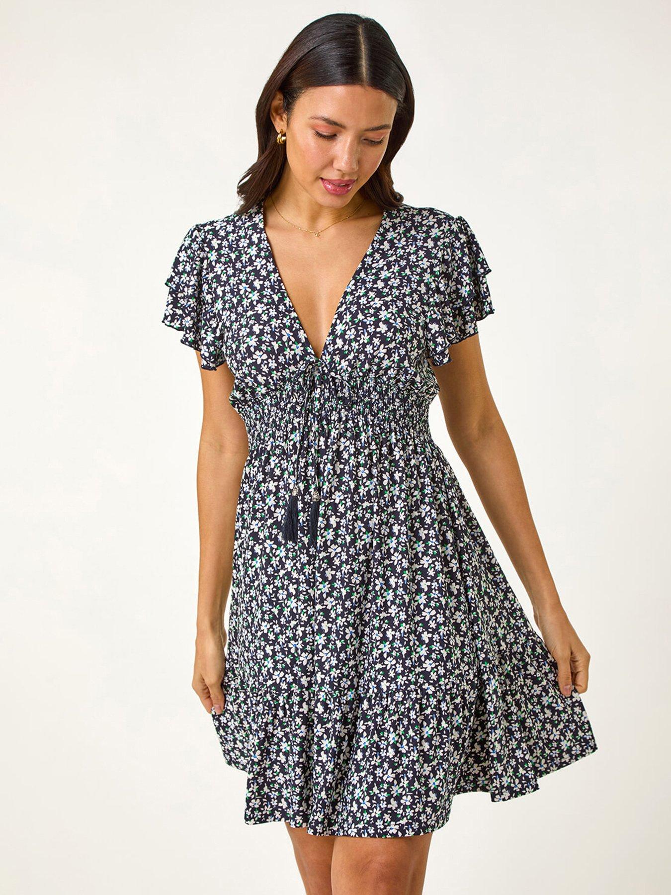 undefined Ditsy Frill Stretch Dress - Navy