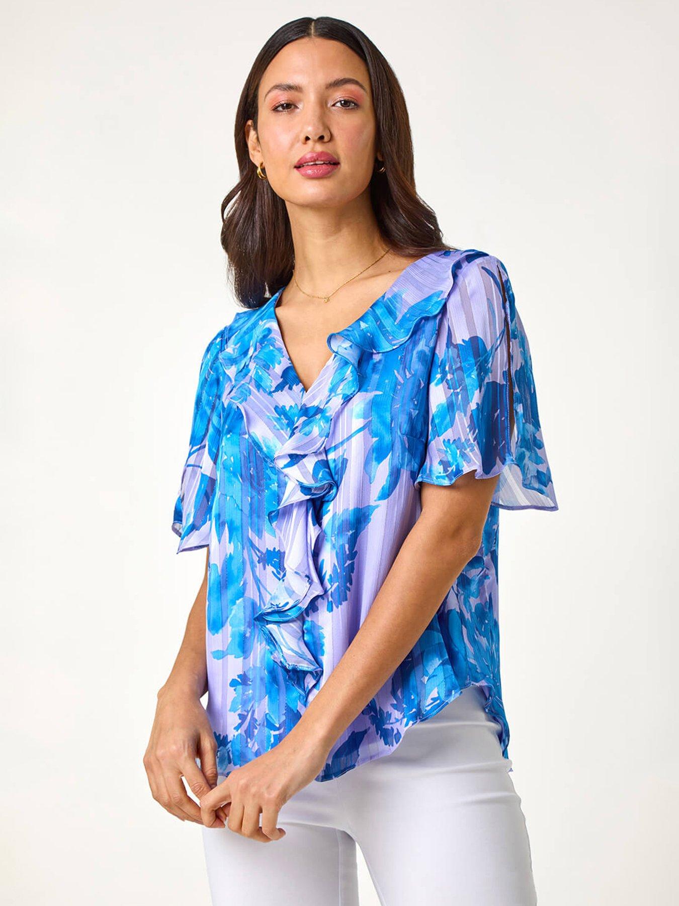undefined Floral Print Ruffle Top - Blue