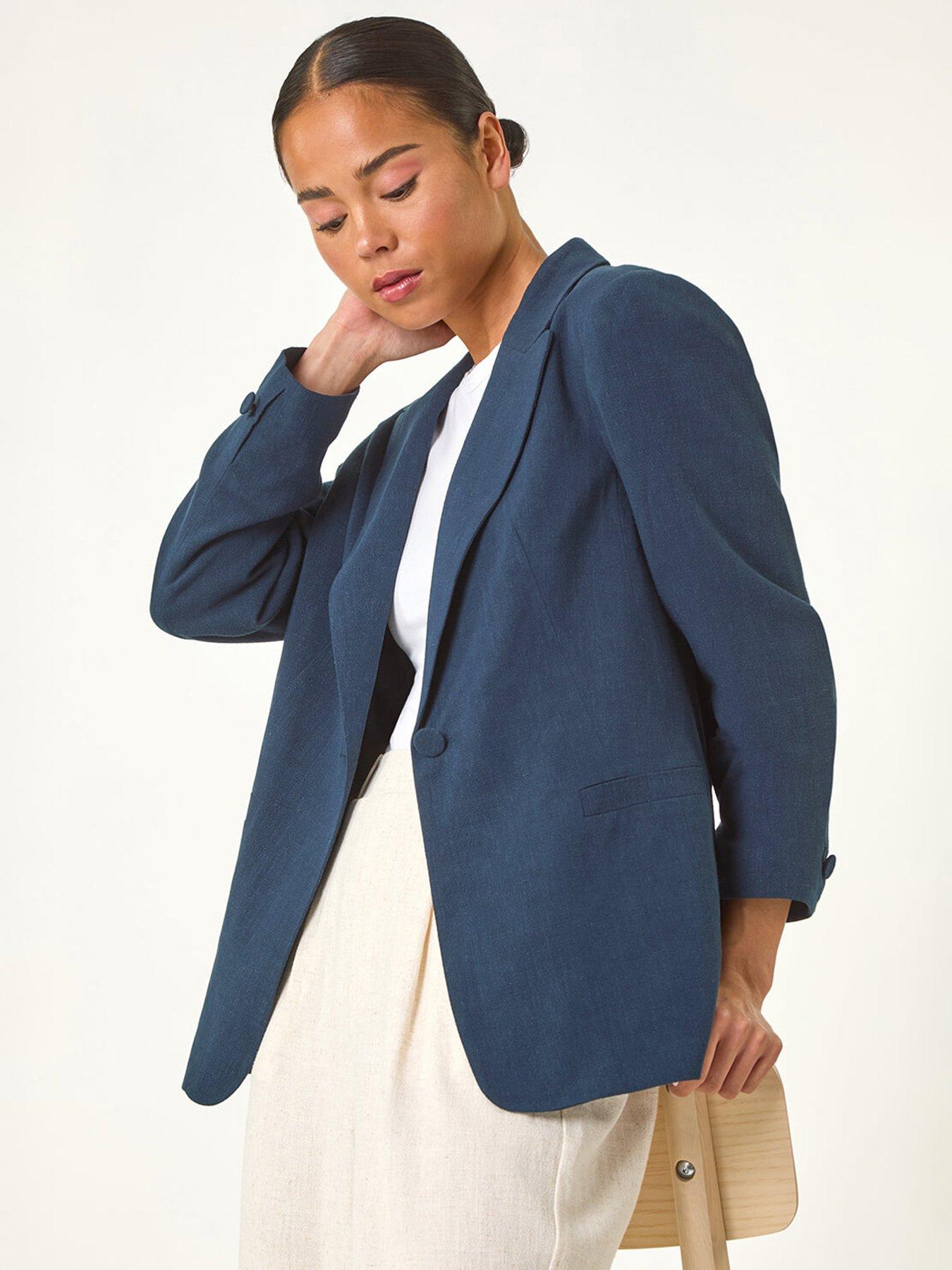 undefined Petite Linen Single Breasted Blazer - Navy