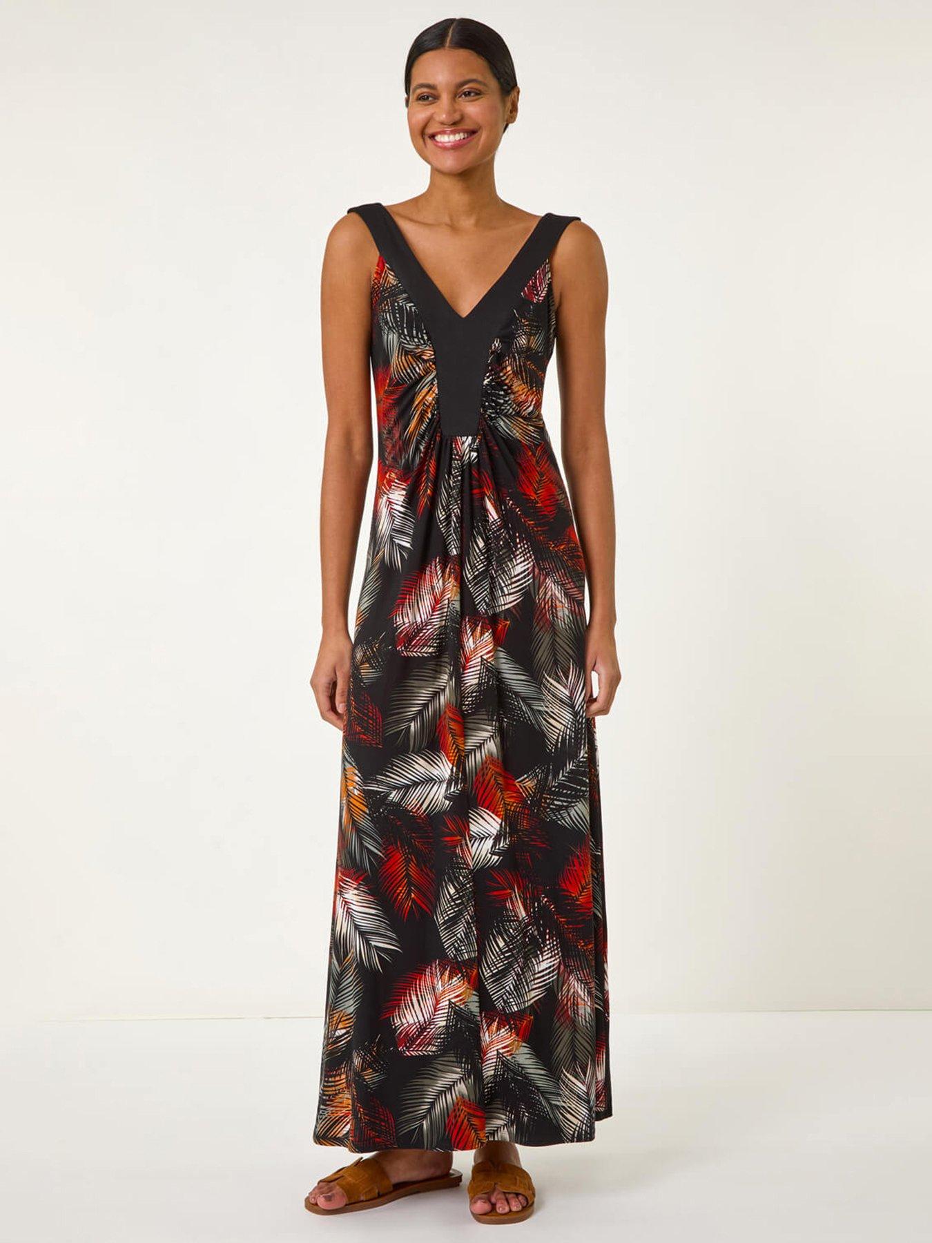 undefined Palm Print Contrast Band Maxi Dress - Orange