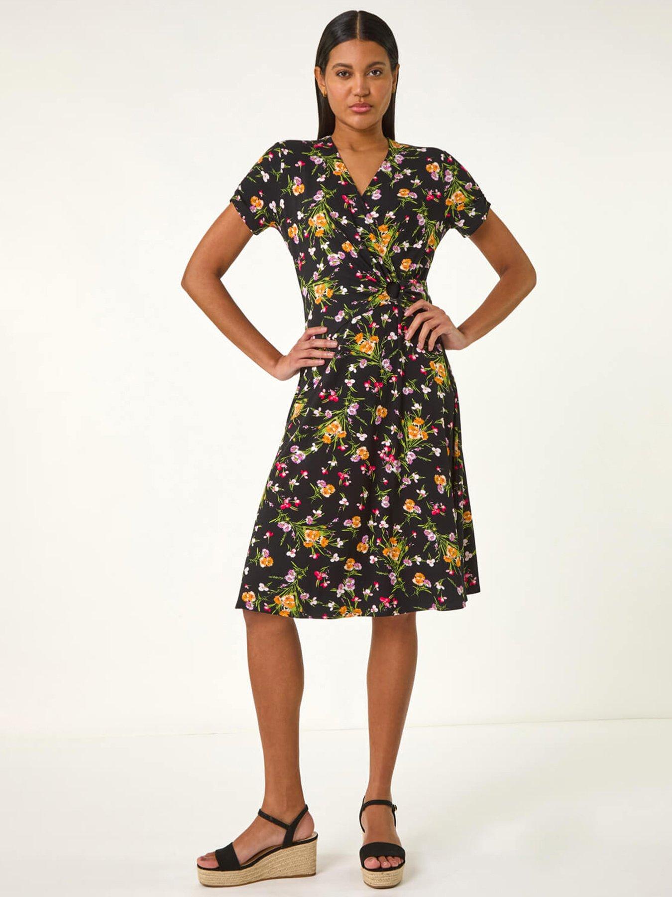 undefined Floral Print Ring Detail Midi Dress - Pink