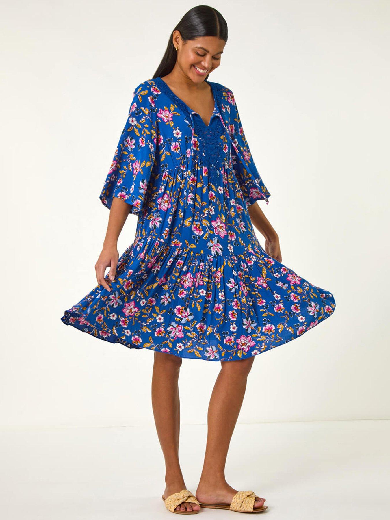 undefined Floral Print Lace Detail Smock Dress - Blue