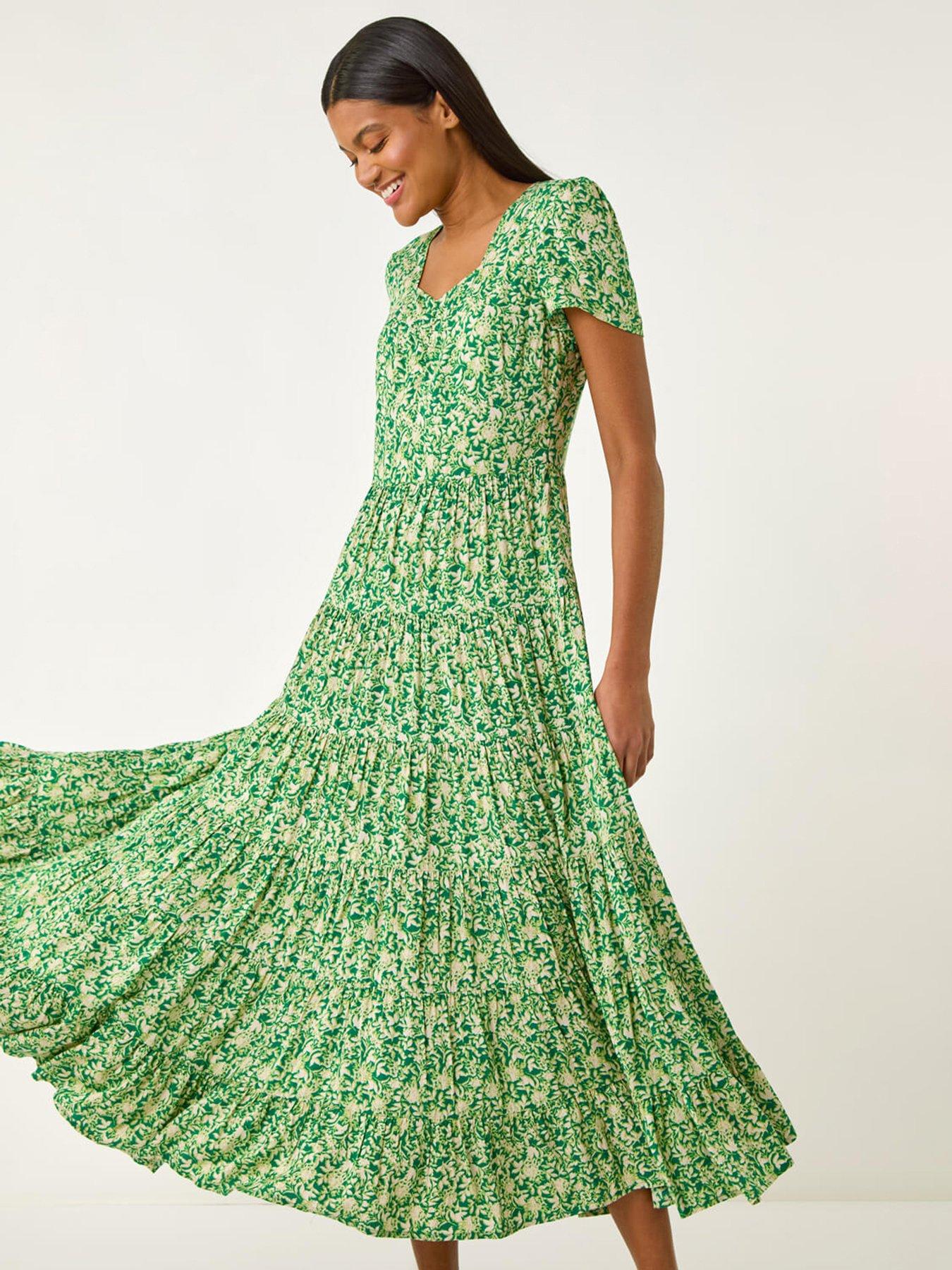 Roman Floral Print Ruched Sleeve Midi Dress - Green