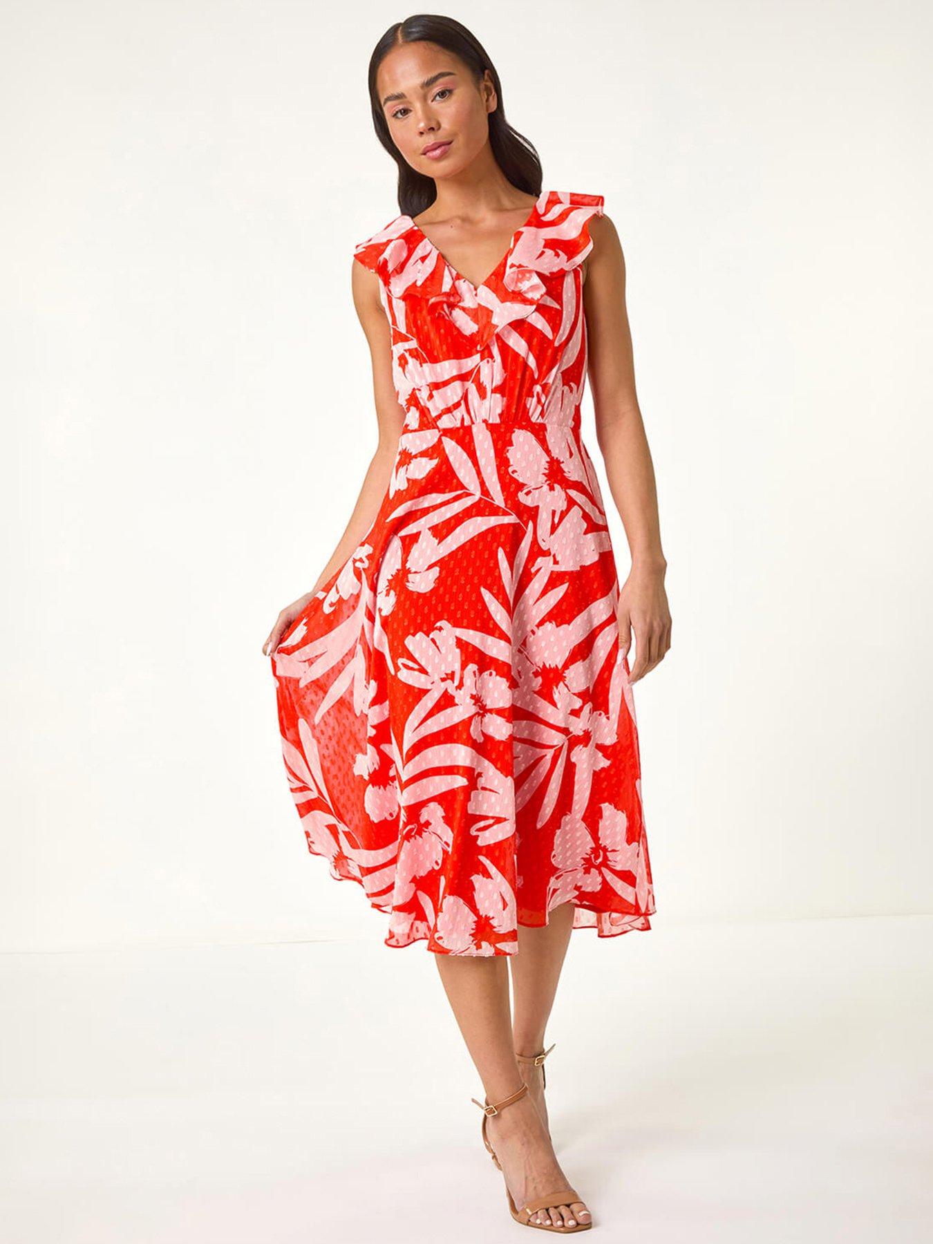 undefined Petite Floral Frill Front Dress - Red