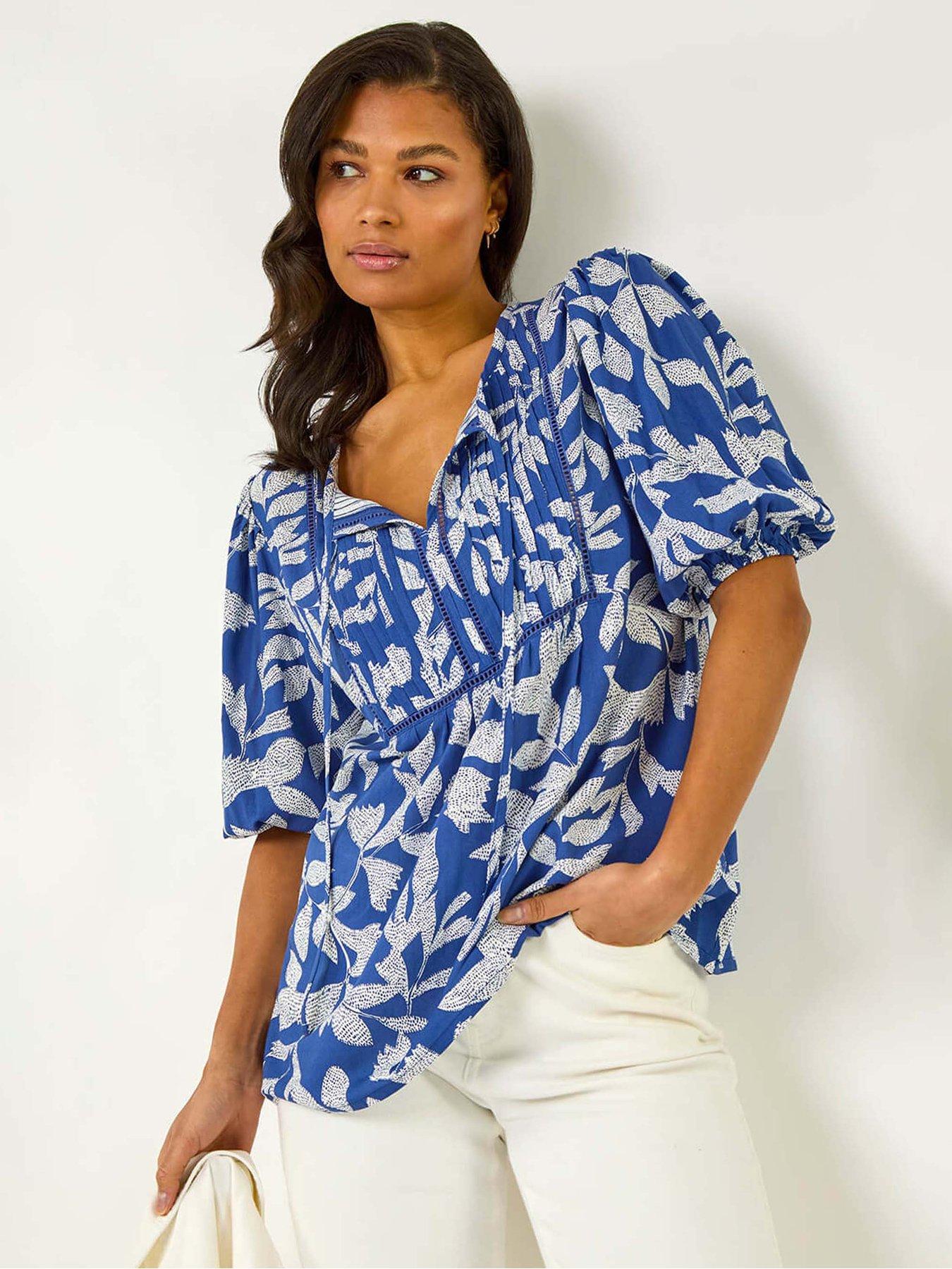 undefined Leaf Print Tie Neck Pleated Top - Blue