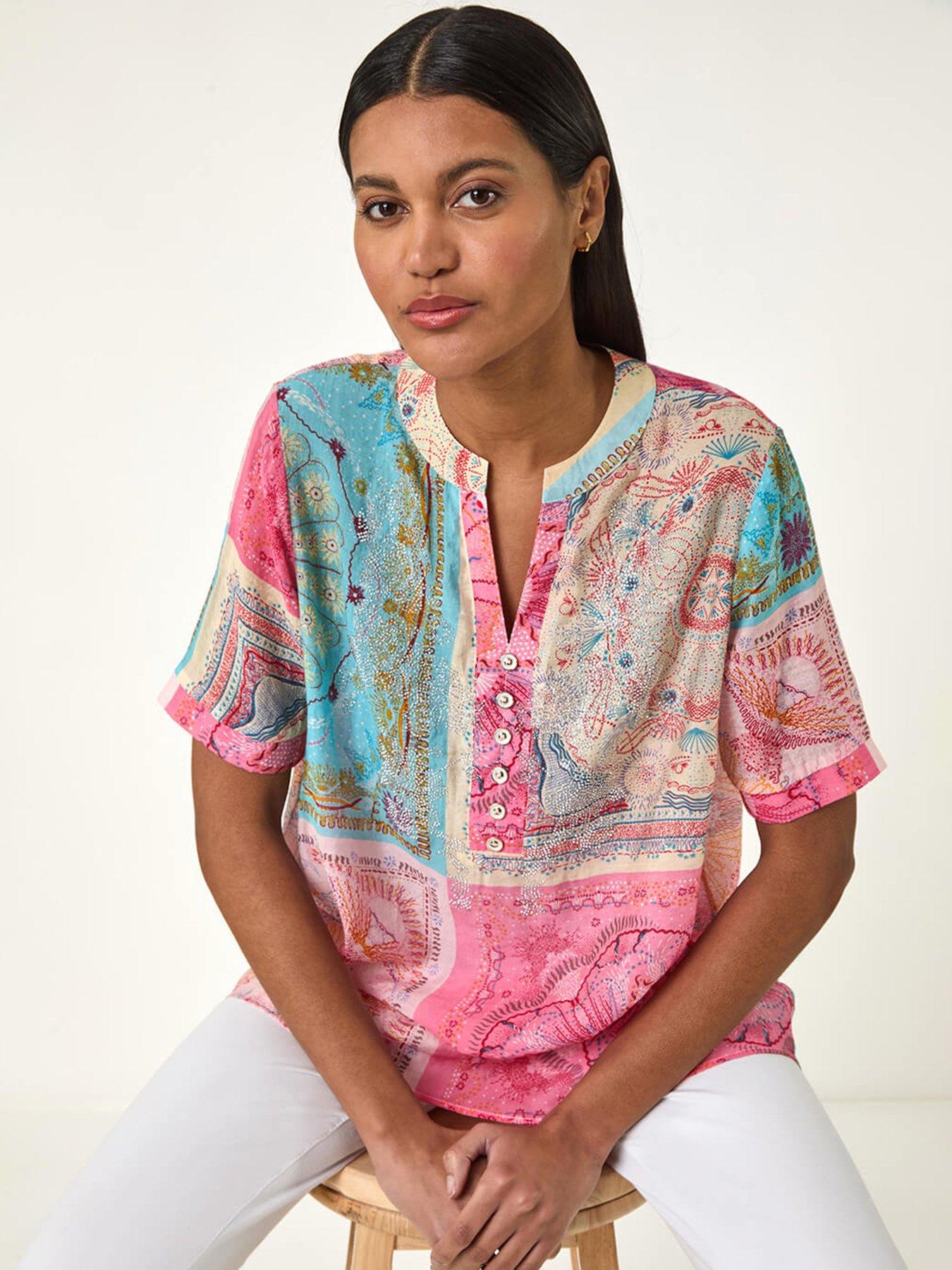 Roman Scarf Print Hotfix Buttoned Top - Pink