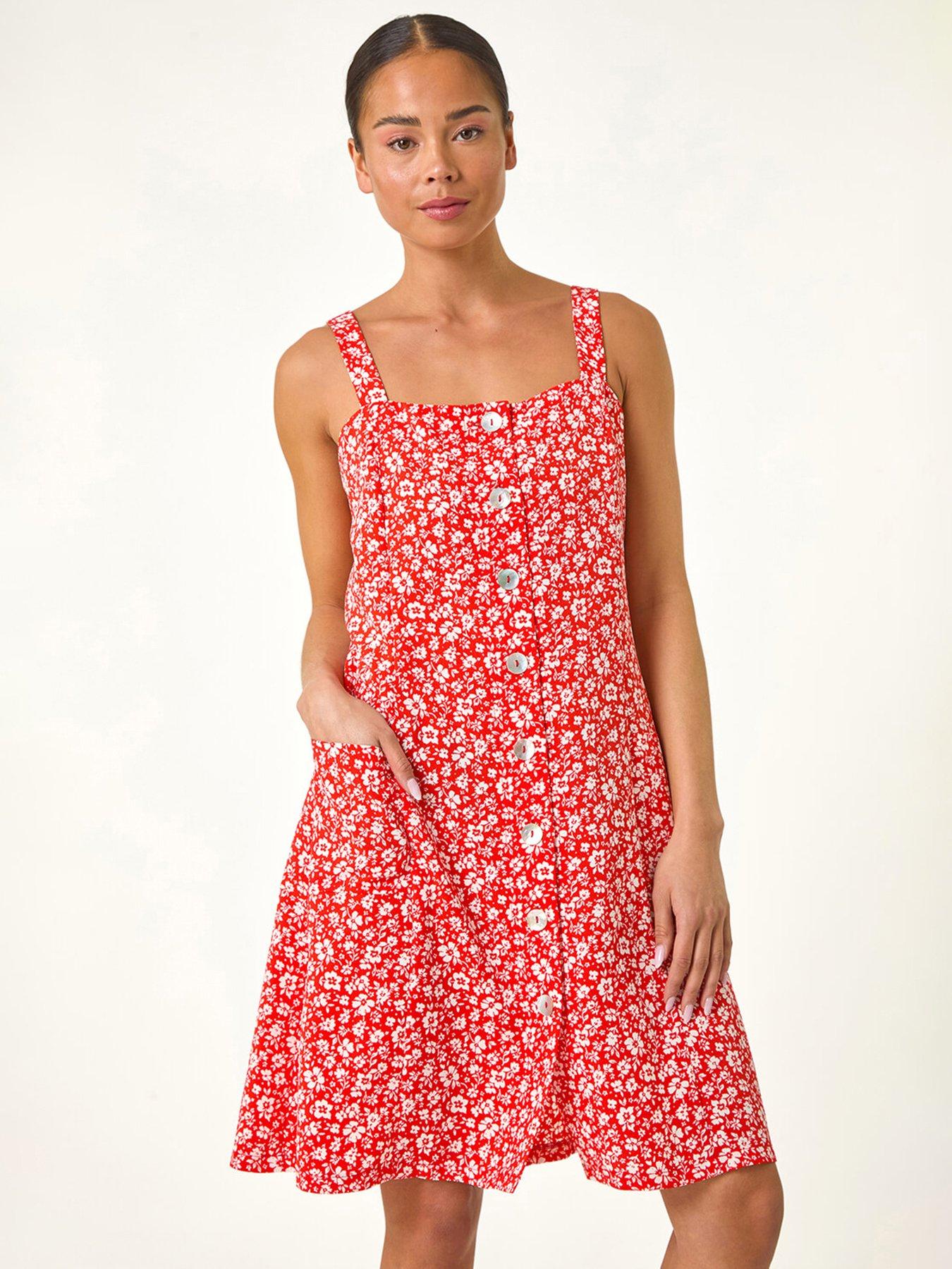 undefined Petite Ditsy Floral Print Button Dress - Red