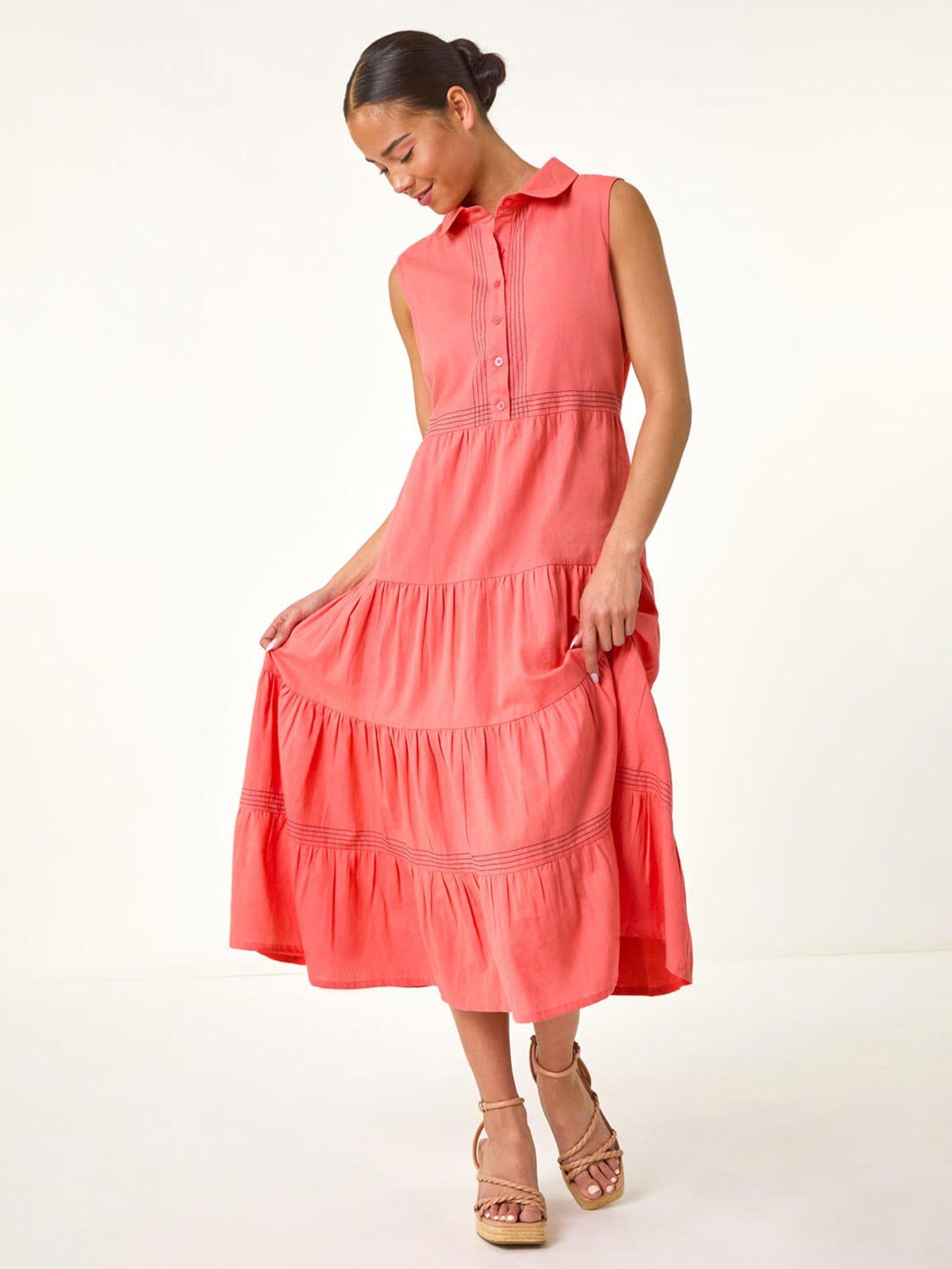 undefined Petite Cotton Pocket Tiered Midi Dress - Pink