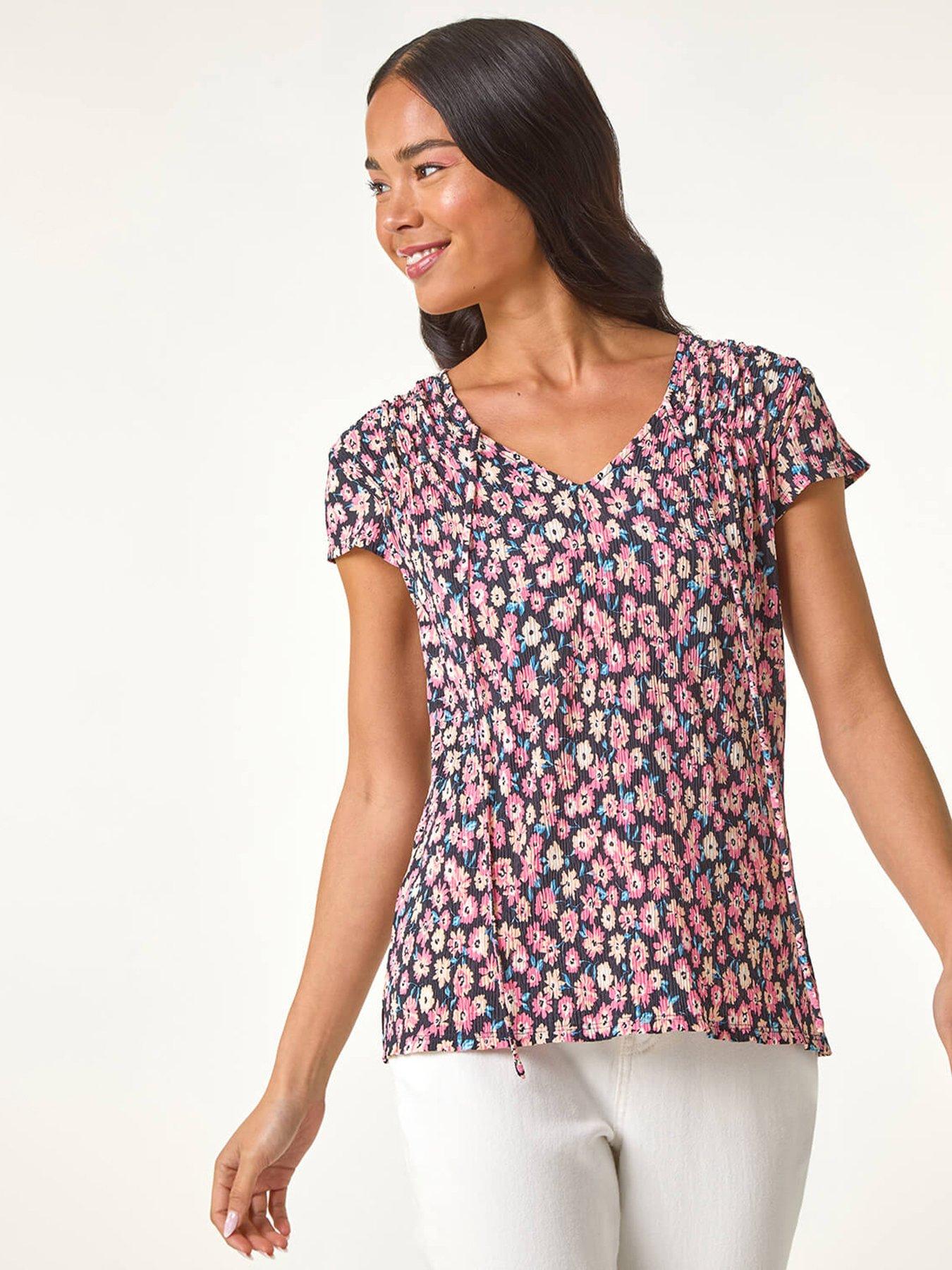 Roman Petite Floral Print Crinkle V-neck Top - Pink