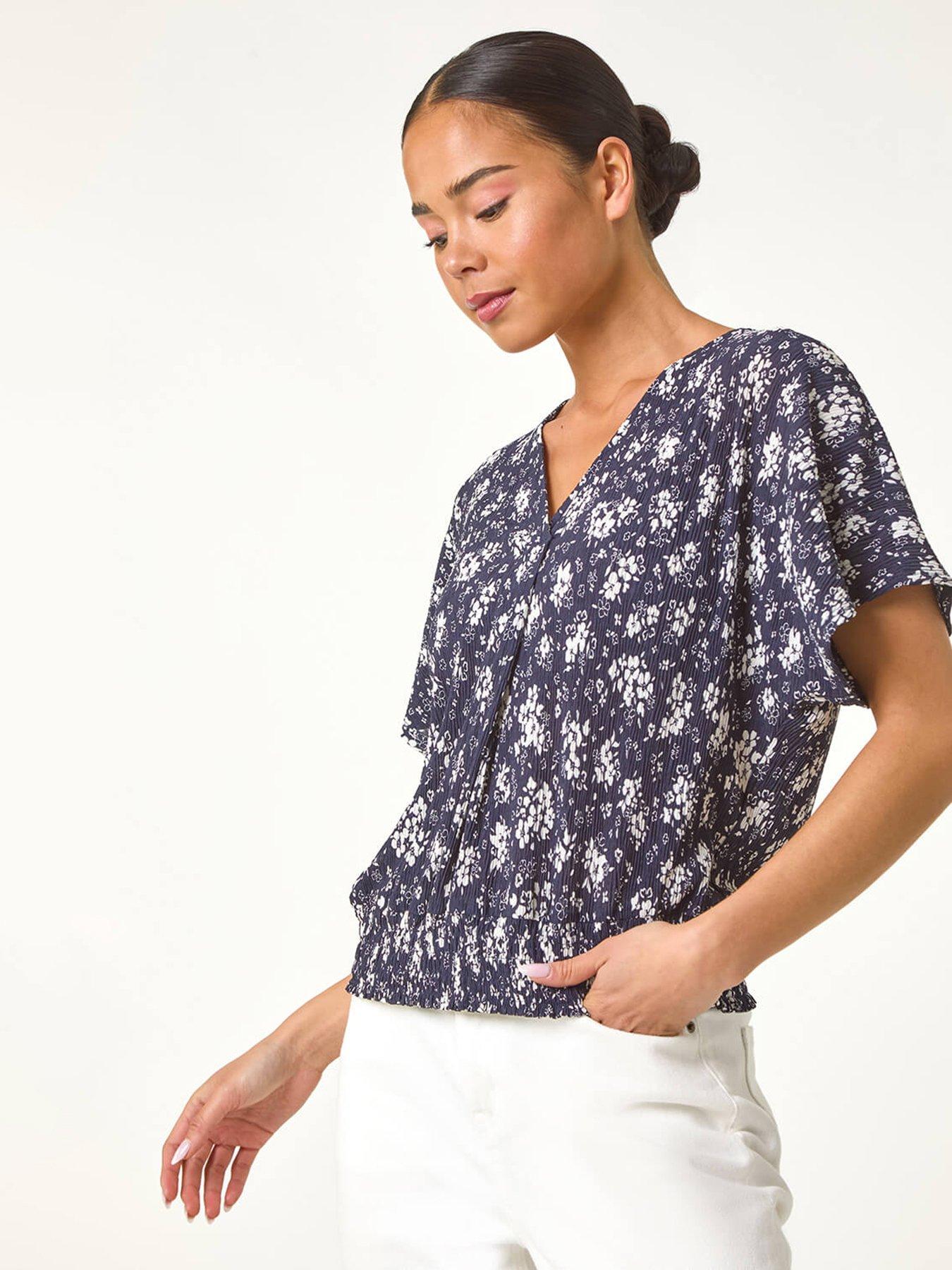 undefined Petite Floral Print Crinkle Blouson Top - Navy