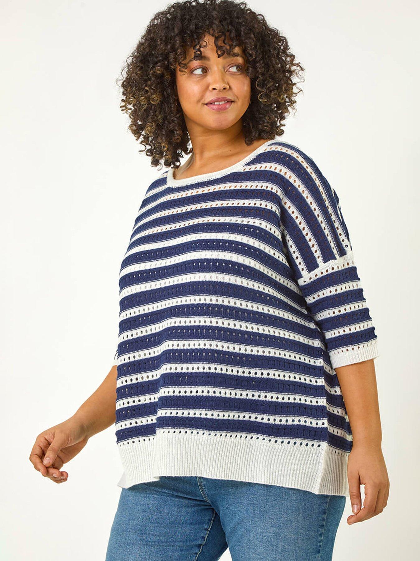 undefined Curve Crochet Stripe Knit Top - Navy