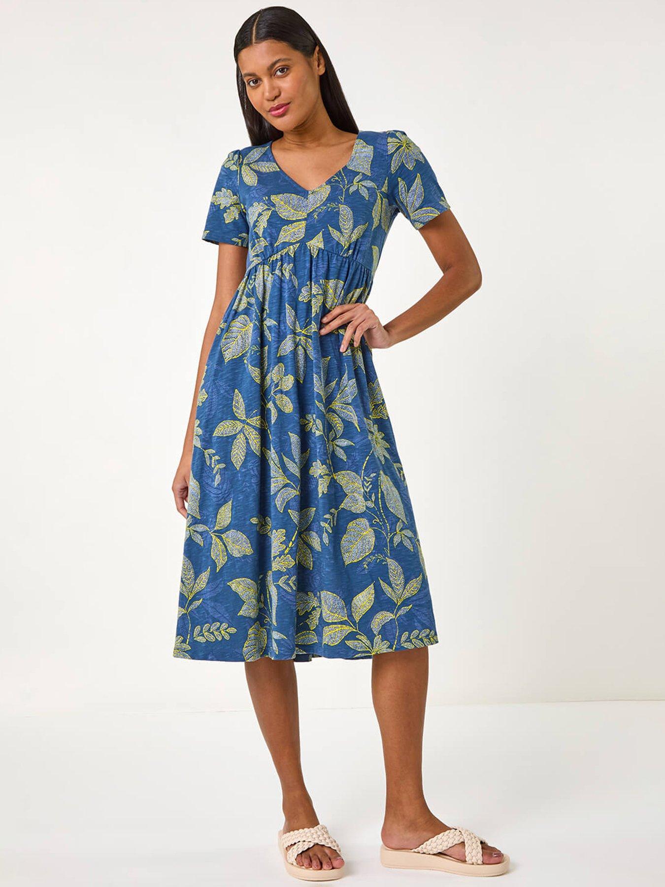 Image 1 of 5 of Roman Leaf Print Stretch Midi Dress - Blue
