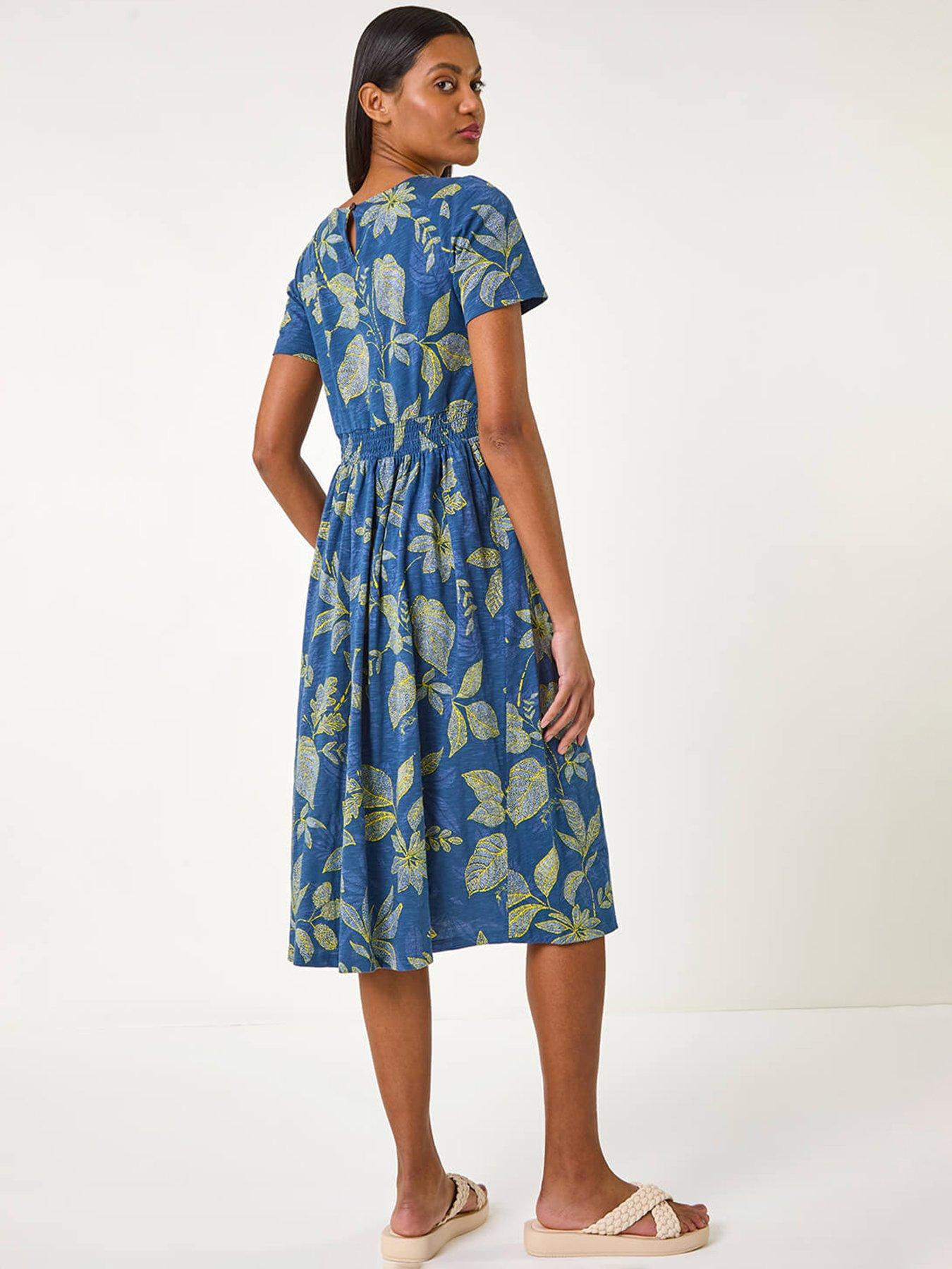 Image 2 of 5 of Roman Leaf Print Stretch Midi Dress - Blue