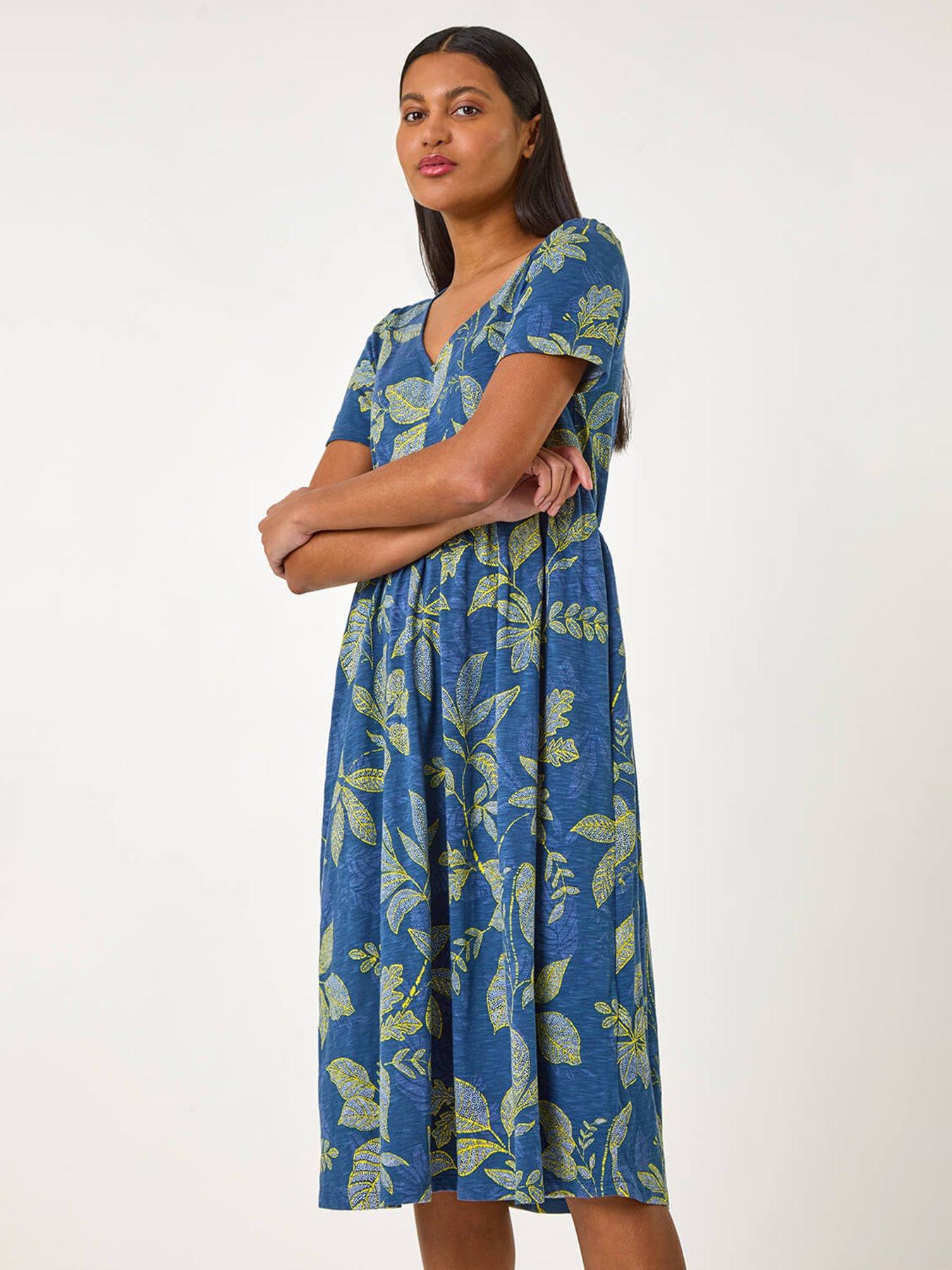 Image 3 of 5 of Roman Leaf Print Stretch Midi Dress - Blue