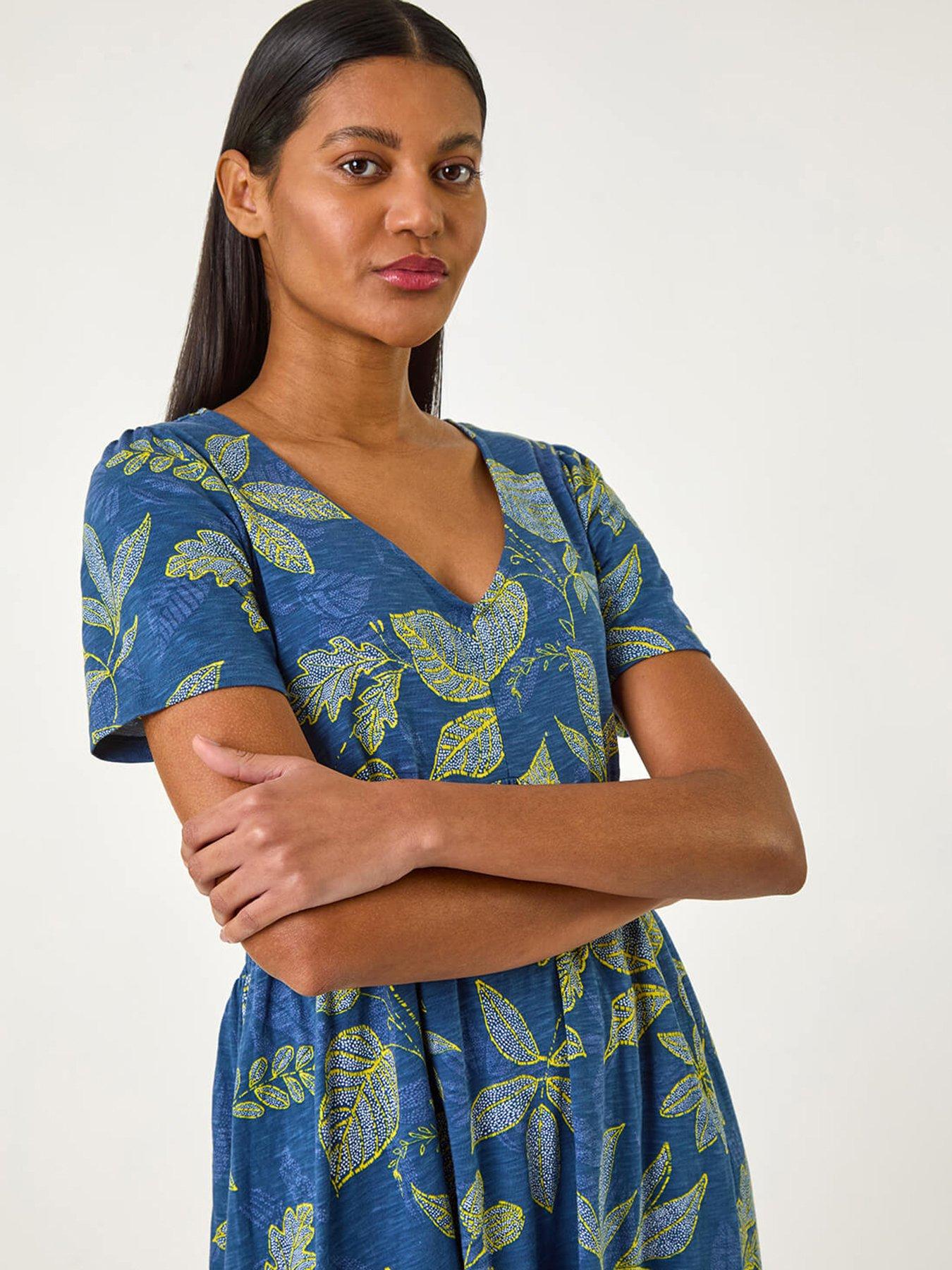 Image 4 of 5 of Roman Leaf Print Stretch Midi Dress - Blue