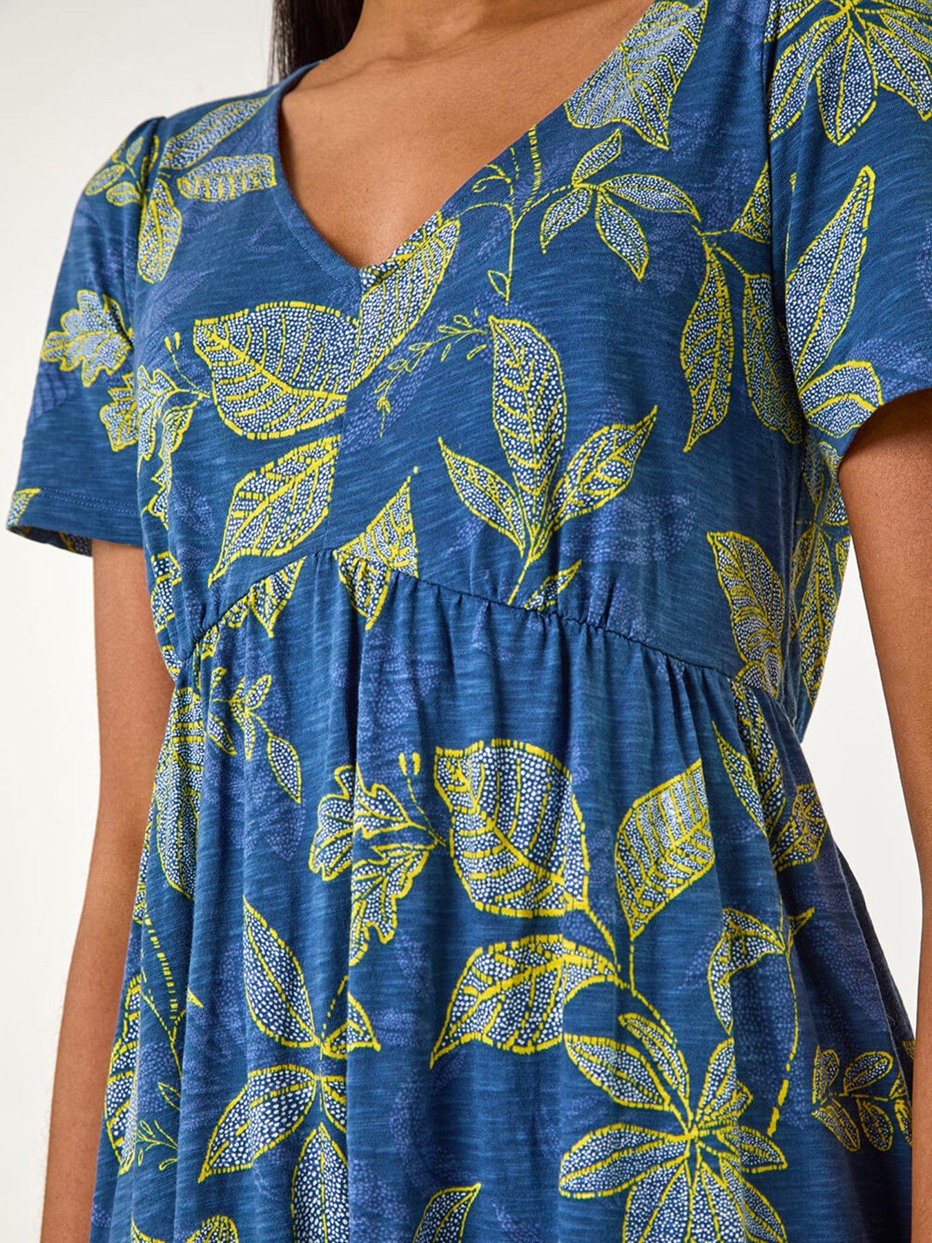 Image 5 of 5 of Roman Leaf Print Stretch Midi Dress - Blue
