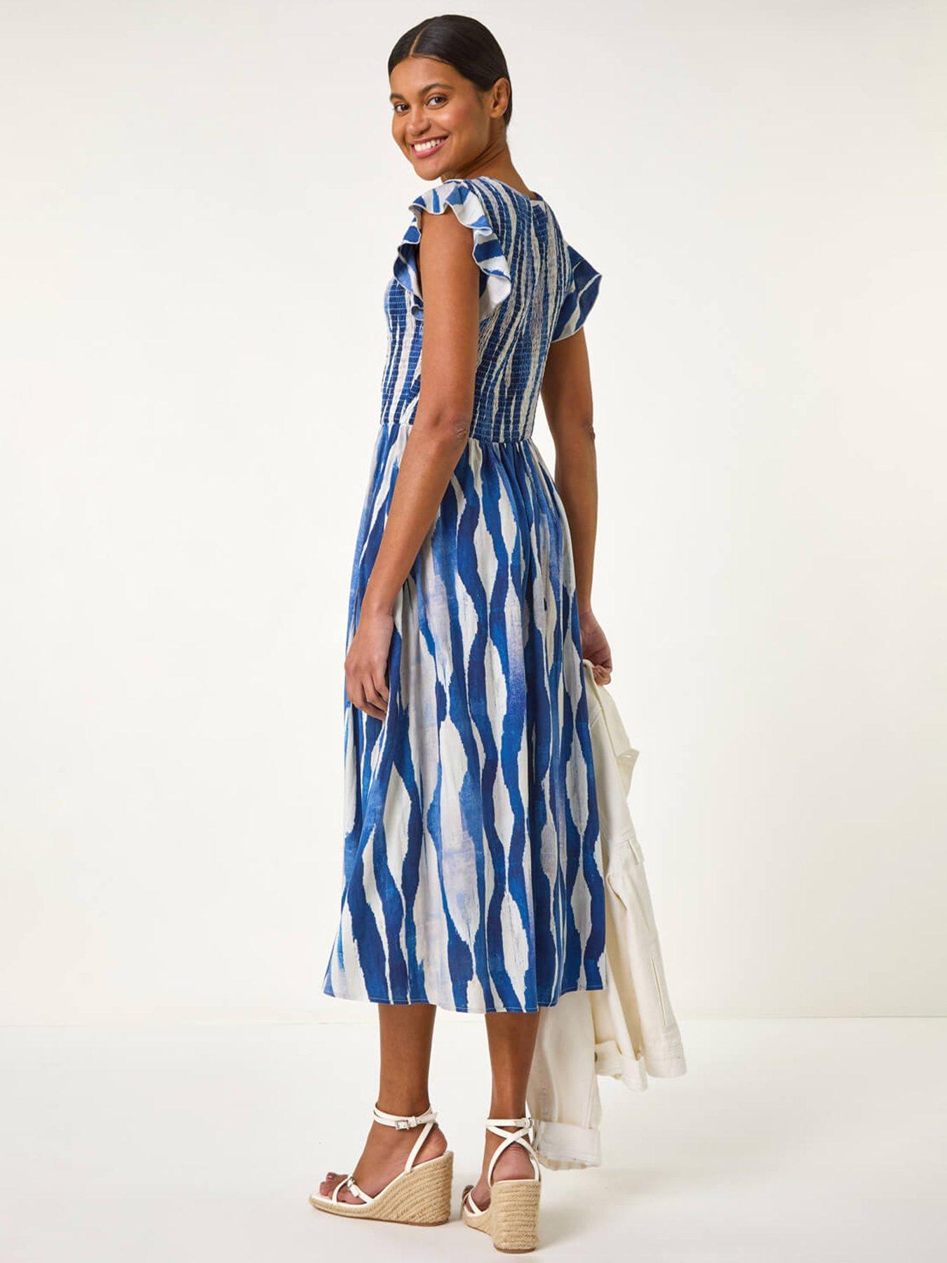 Image 2 of 5 of Roman Wave Print Shirred Midi Dress - Blue