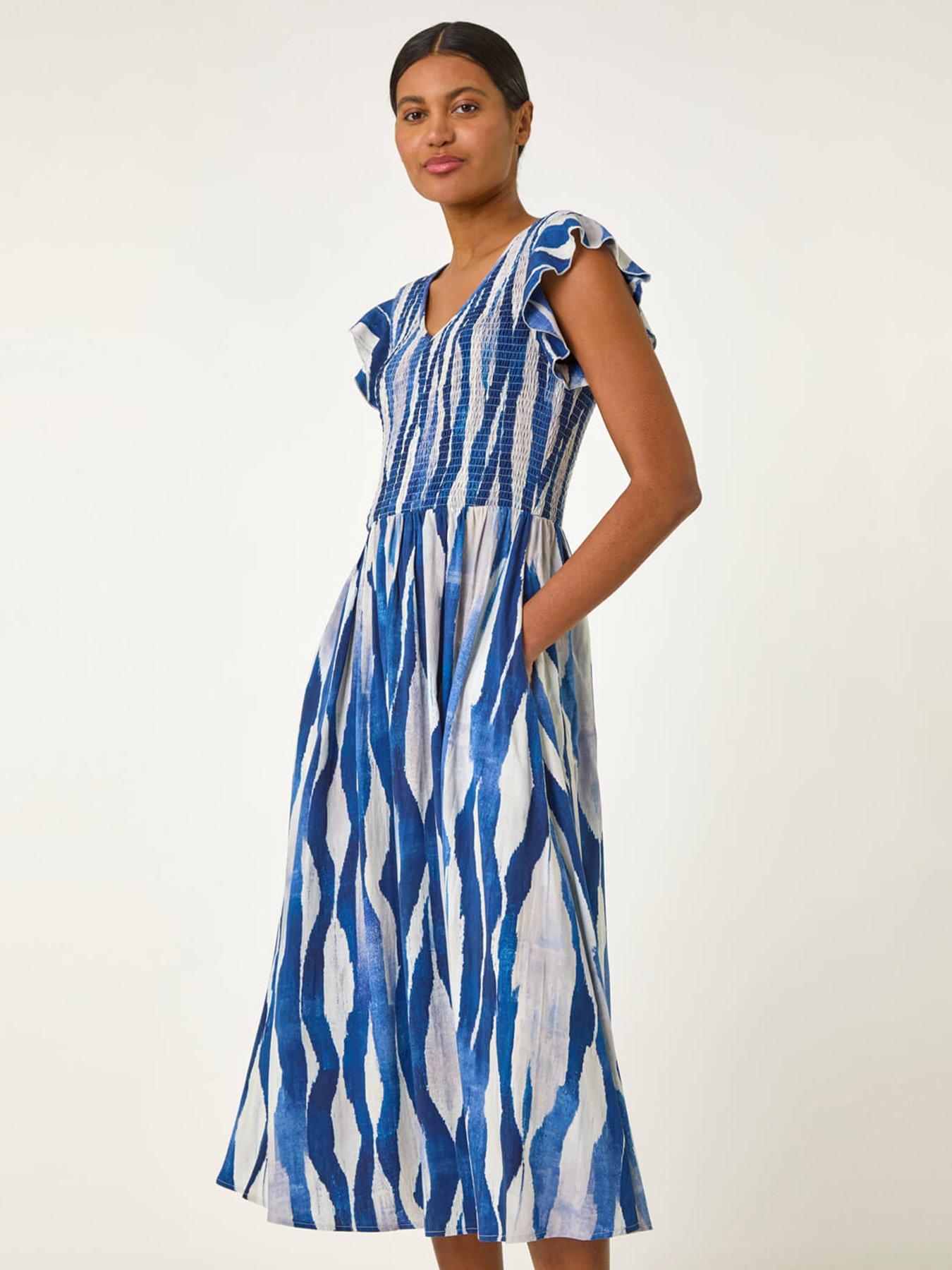 Image 3 of 5 of Roman Wave Print Shirred Midi Dress - Blue