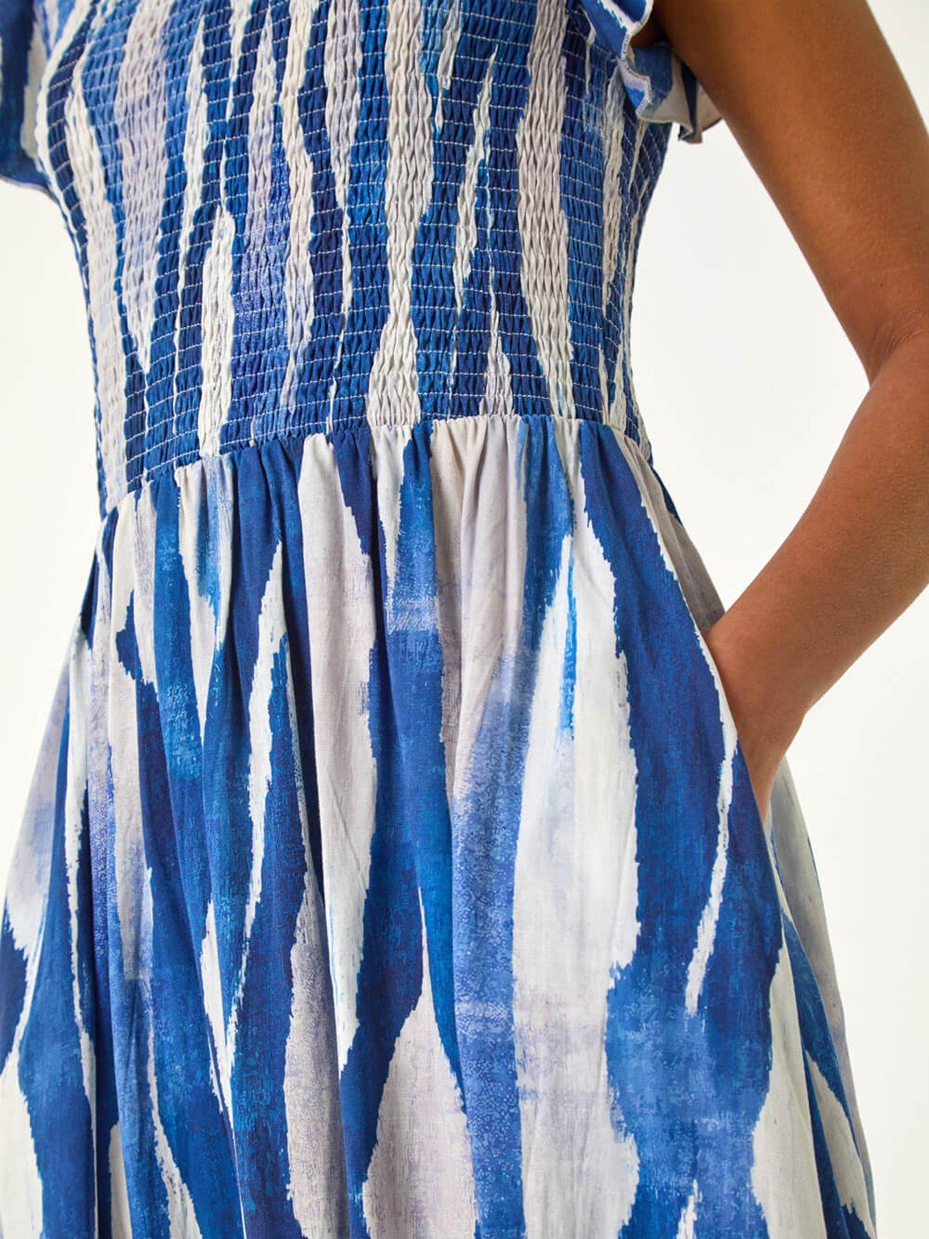 Image 5 of 5 of Roman Wave Print Shirred Midi Dress - Blue