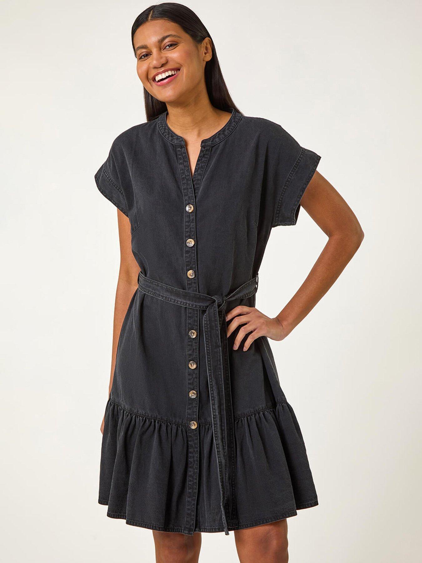 undefined Denim Tiered Shirt Dress - Black