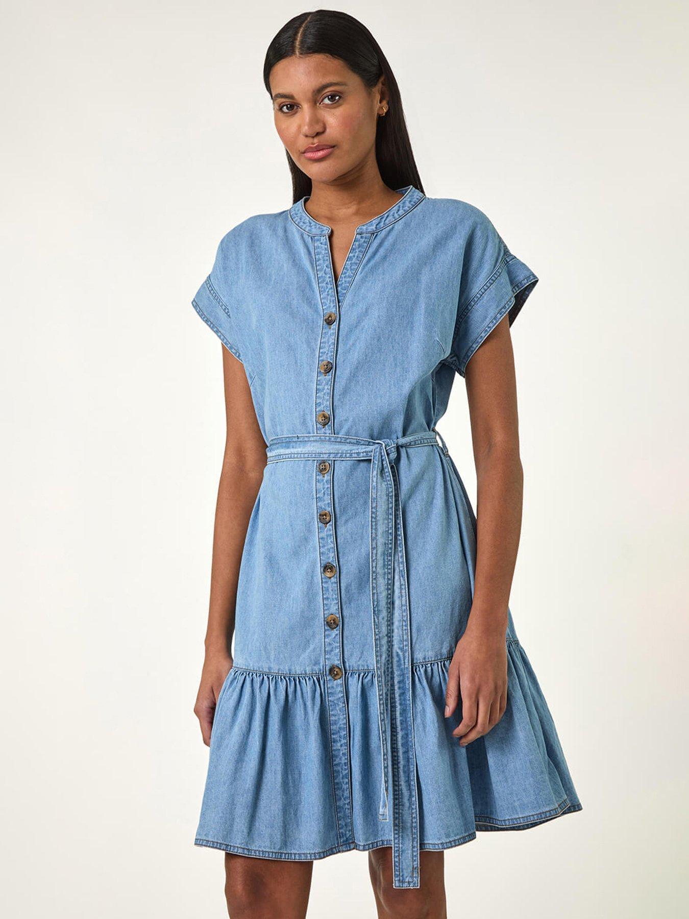 undefined Denim Tiered Shirt Dress - Blue