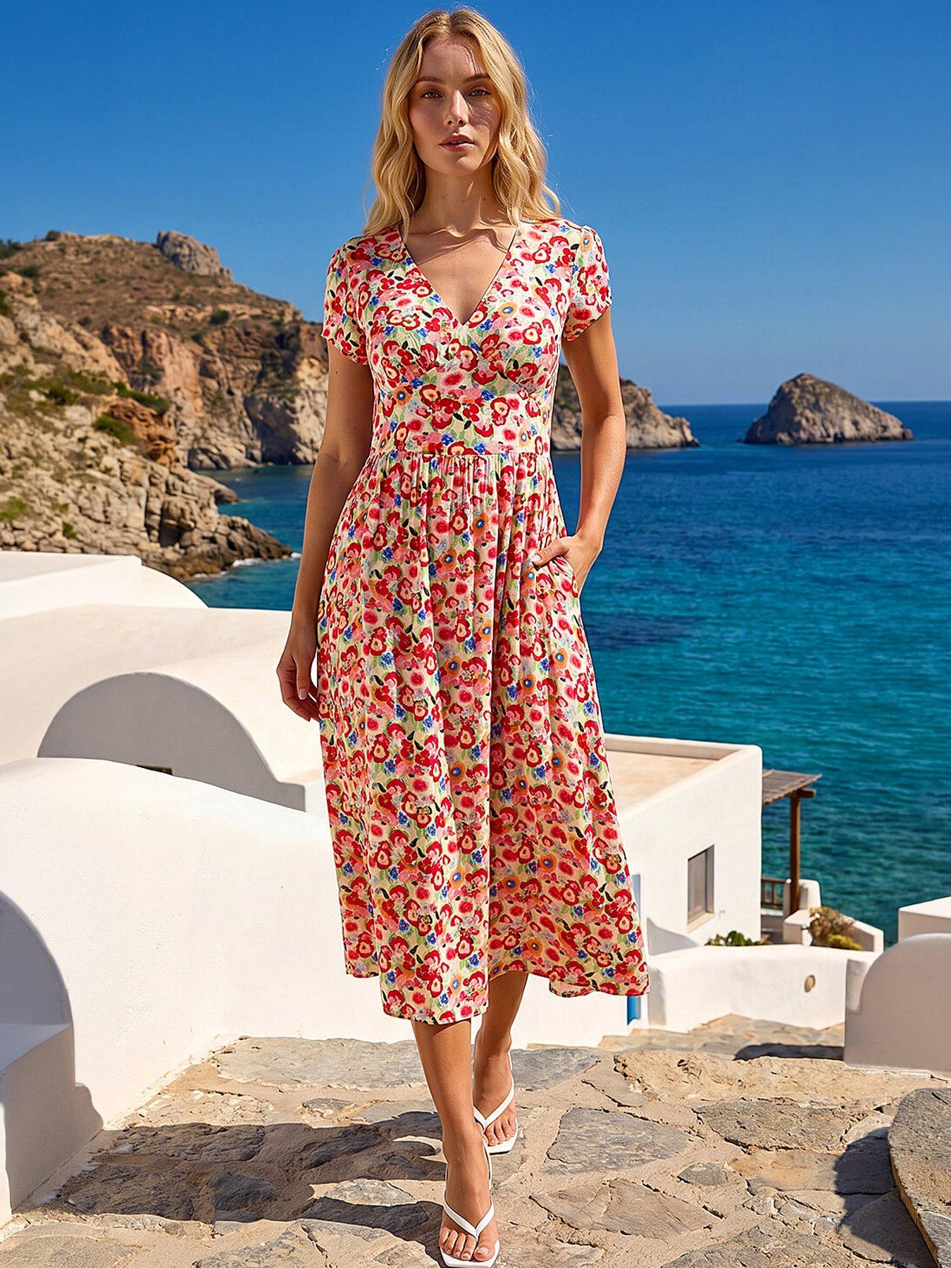 Roman Floral Print Tea Midi Dress, Red, Size 18, Women