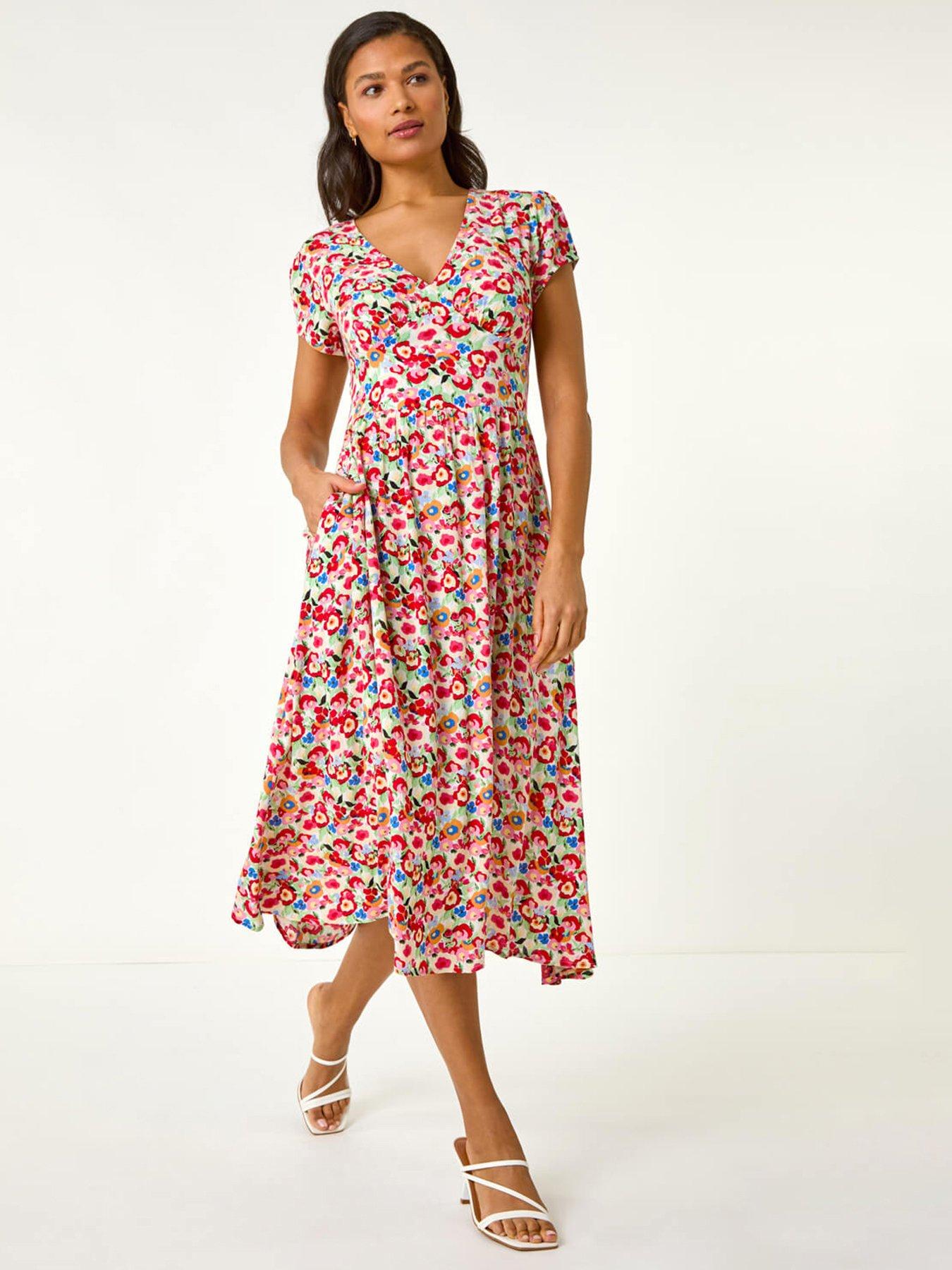 undefined Floral Print Tea Midi Dress - Red