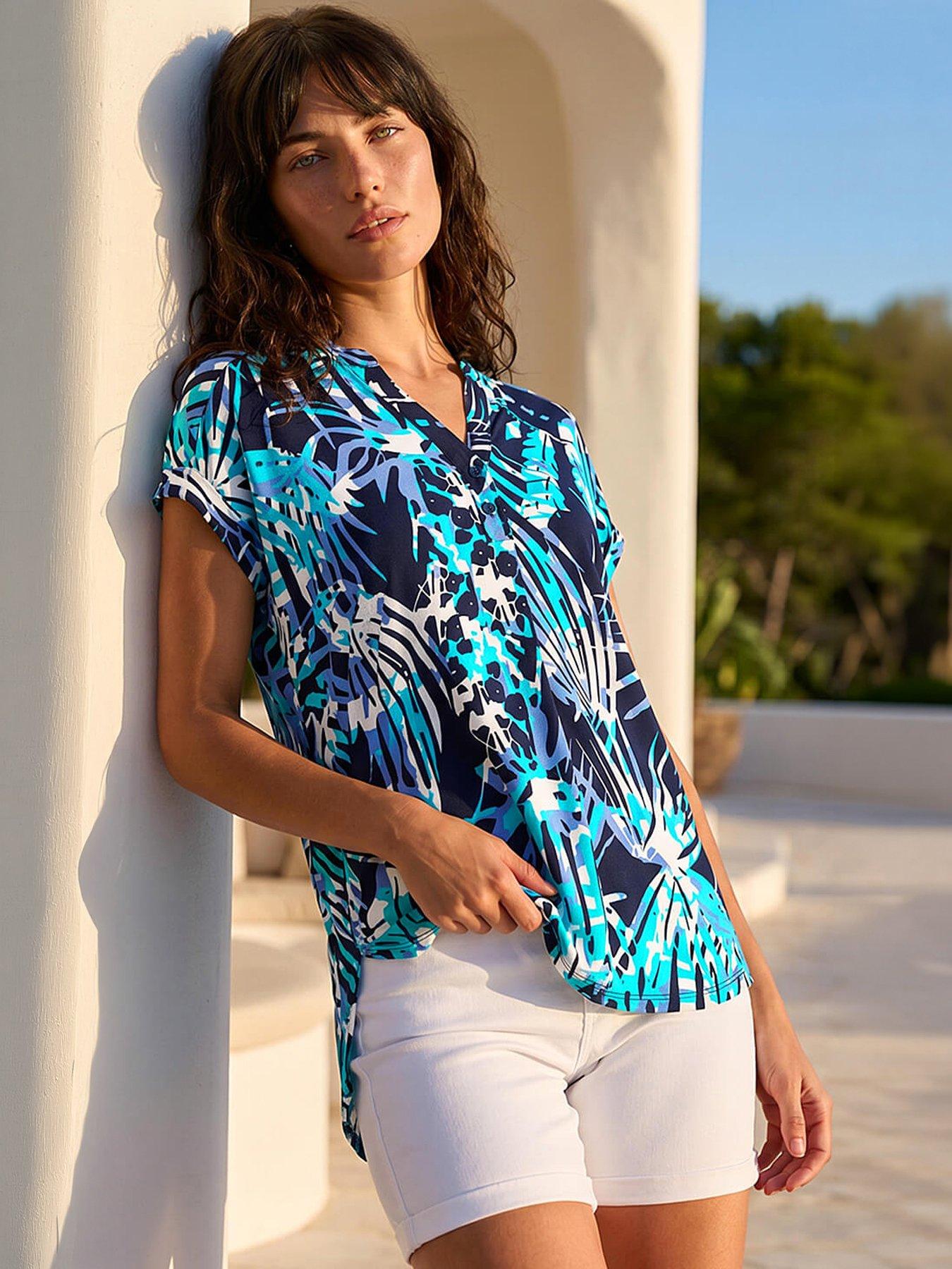 Roman Textured Abstract Print Top, Blue, Size 12, Women